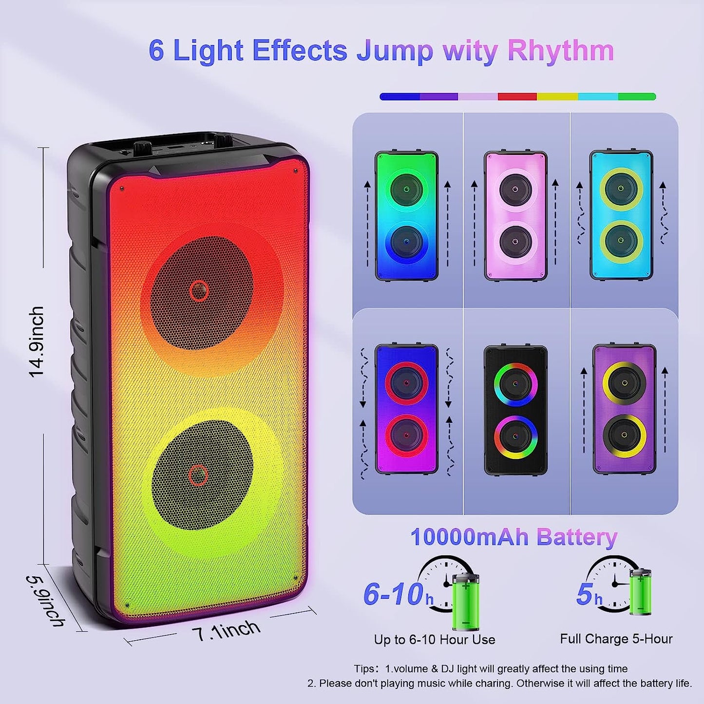Portable 60W Bluetooth Speakers with Rich Bass, FM Radio, Colorful Lights, TWS Pairing, and 10000mAh Battery
