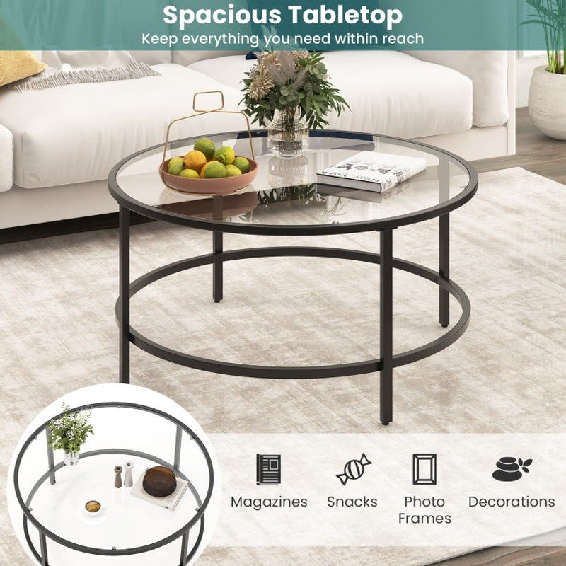 35.5-Inch Round Coffee Table with Tempered Glass Top