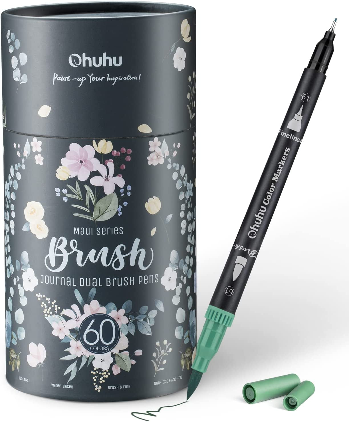 60-Color Dual-Tip Art Markers Set - Water-Based Brush and Fineliner Pens in Black Box