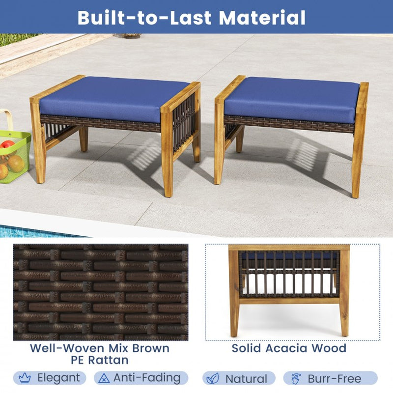 Acacia Wood Patio Ottomans with Cushions and Versatile Rattan Woven Footstools