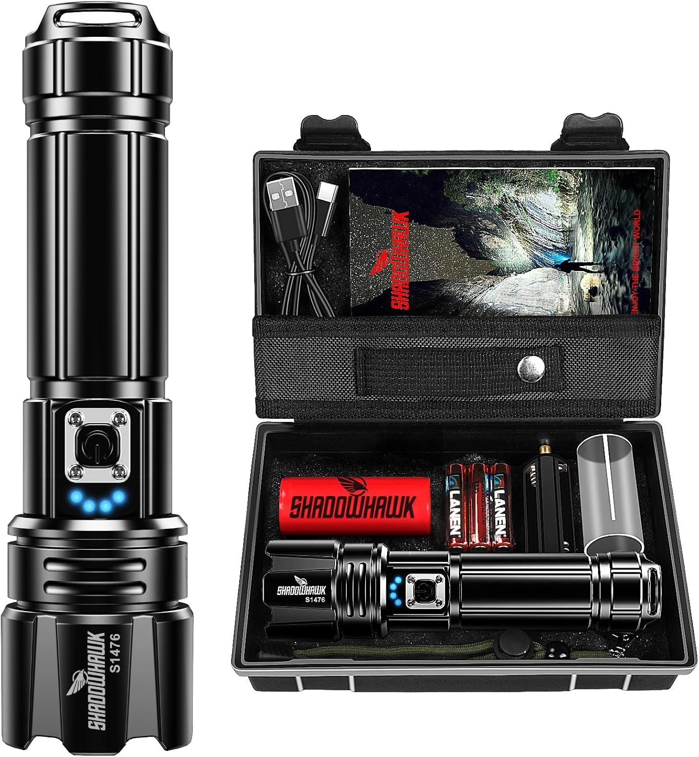Rechargeable Tactical Flashlight, 500,000 Lumens LED, XHP70.2 High-Performance Waterproof Flashlight for Camping and Emergency Use