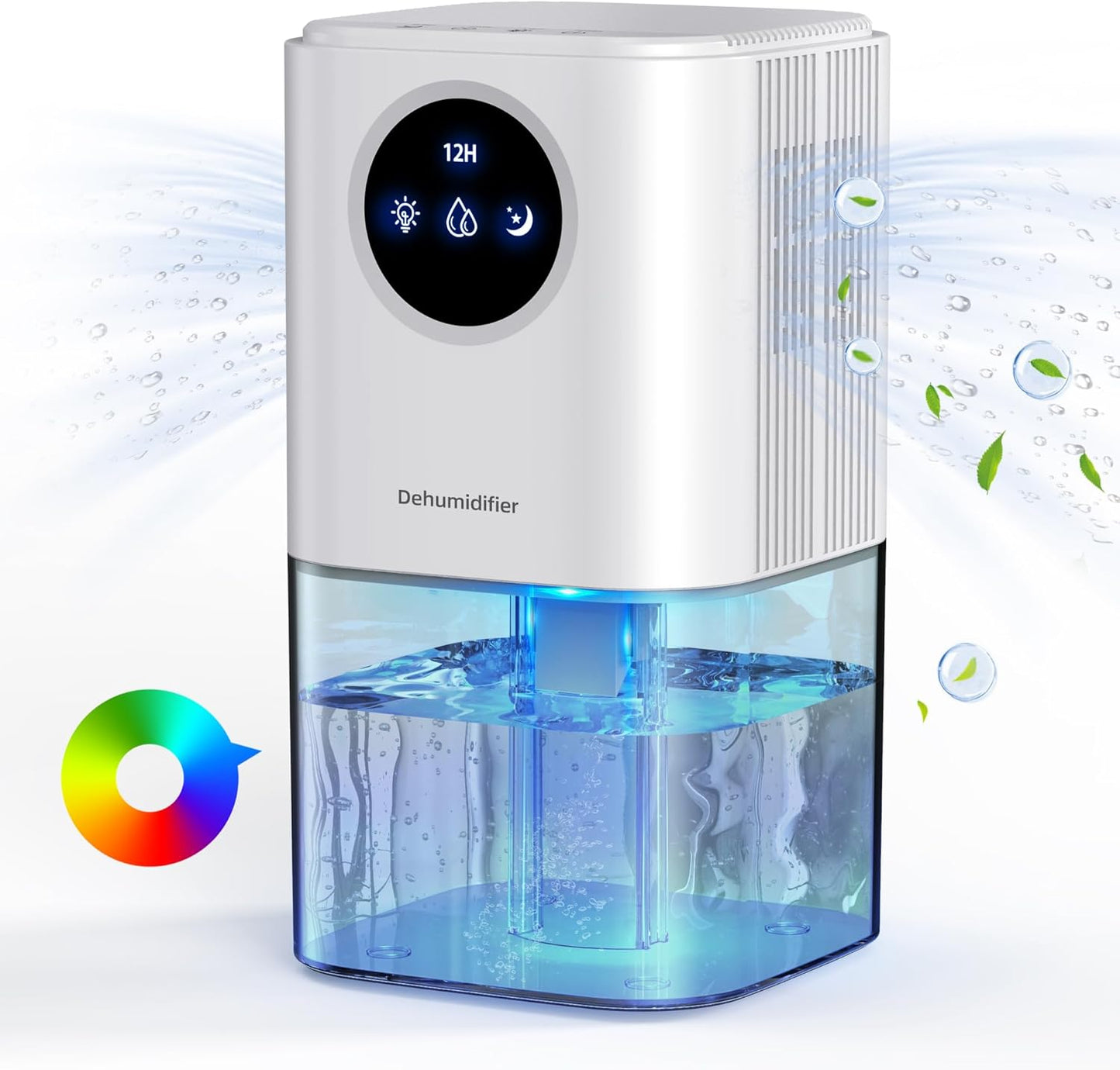Compact 58 OZ Dehumidifier for Home, Suitable for 250 Sq.Ft, Portable Mini Unit with 7 Color LED Light, Auto Shut Off, Timer, Energy Efficient - White