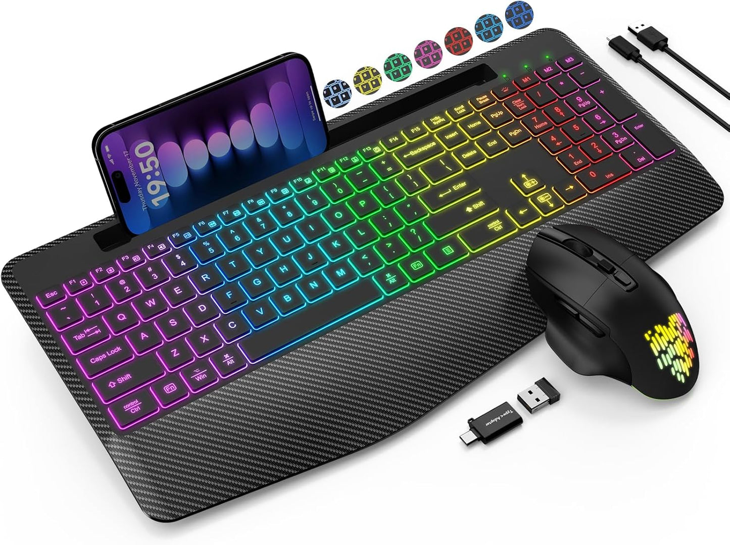 Wireless Ergonomic Keyboard and Mouse Combo with Backlit Effects, Wrist Rest, Phone Holder, and Rechargeable Silent Design