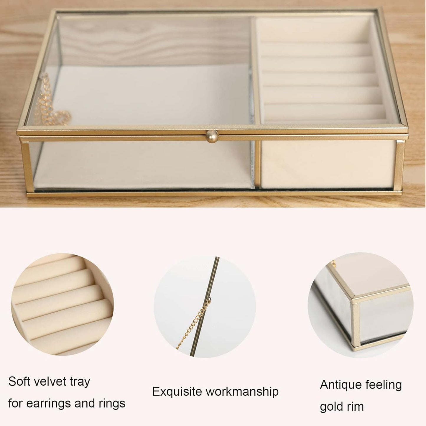 Elegant Glass Jewelry Box with Gold Metal Frame, Velvet Tray, and Trinket Chest - Clear Keepsake Display Case