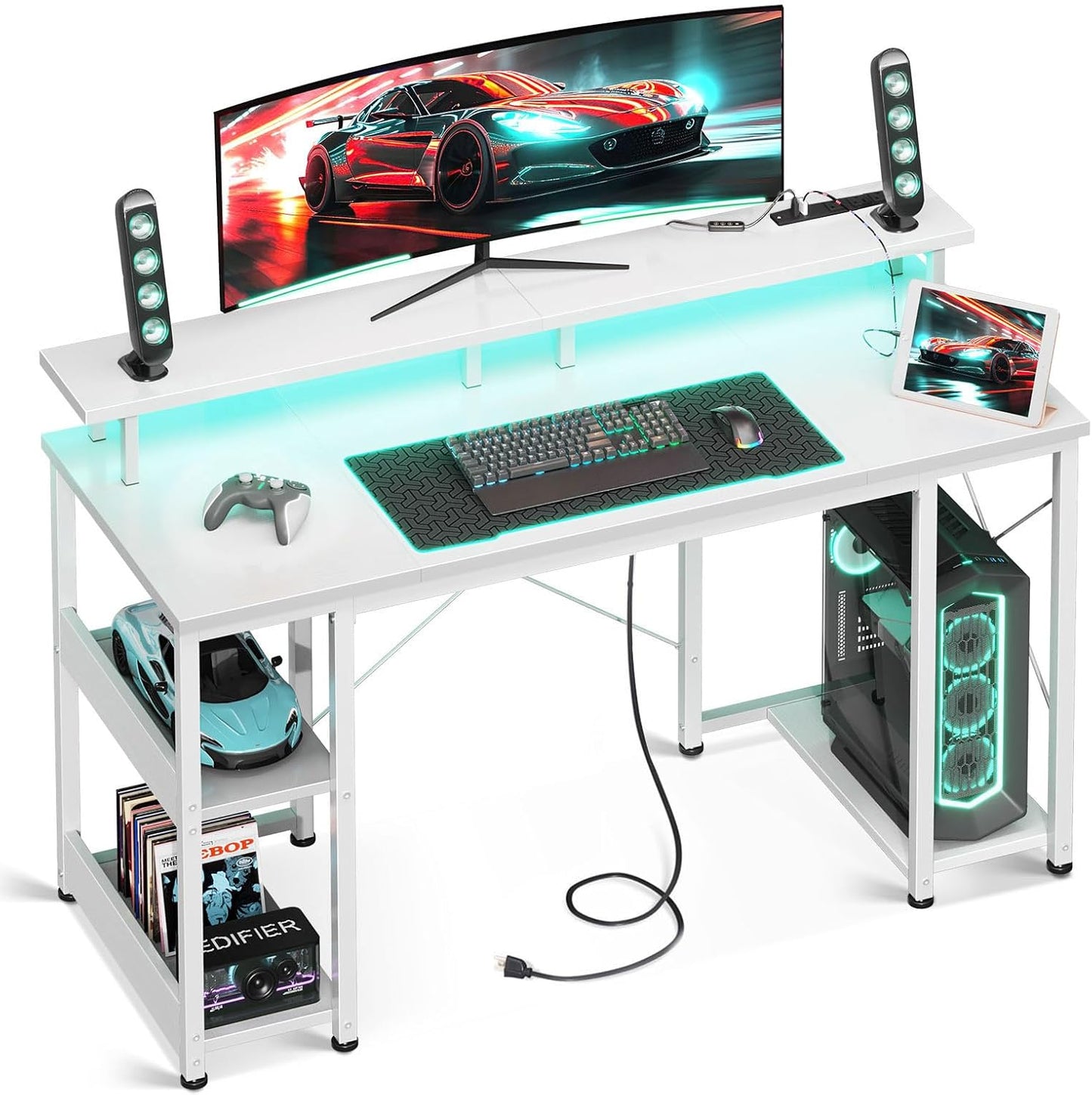48-Inch Gaming Desk with LED Lighting and Power Outlet, Featuring Storage Shelves and Monitor Stand, Black