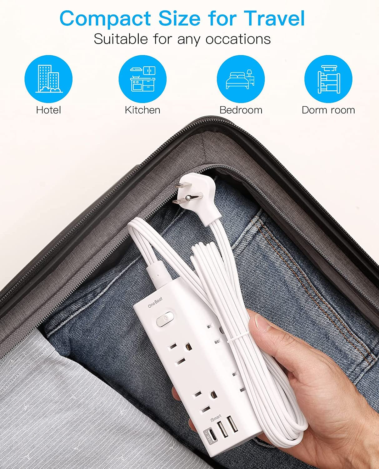 10FT Indoor Extension Cord with Surge Protector, Flat Plug, 6 Outlets and 3 USB Ports (including 1 USB-C) for Home, College