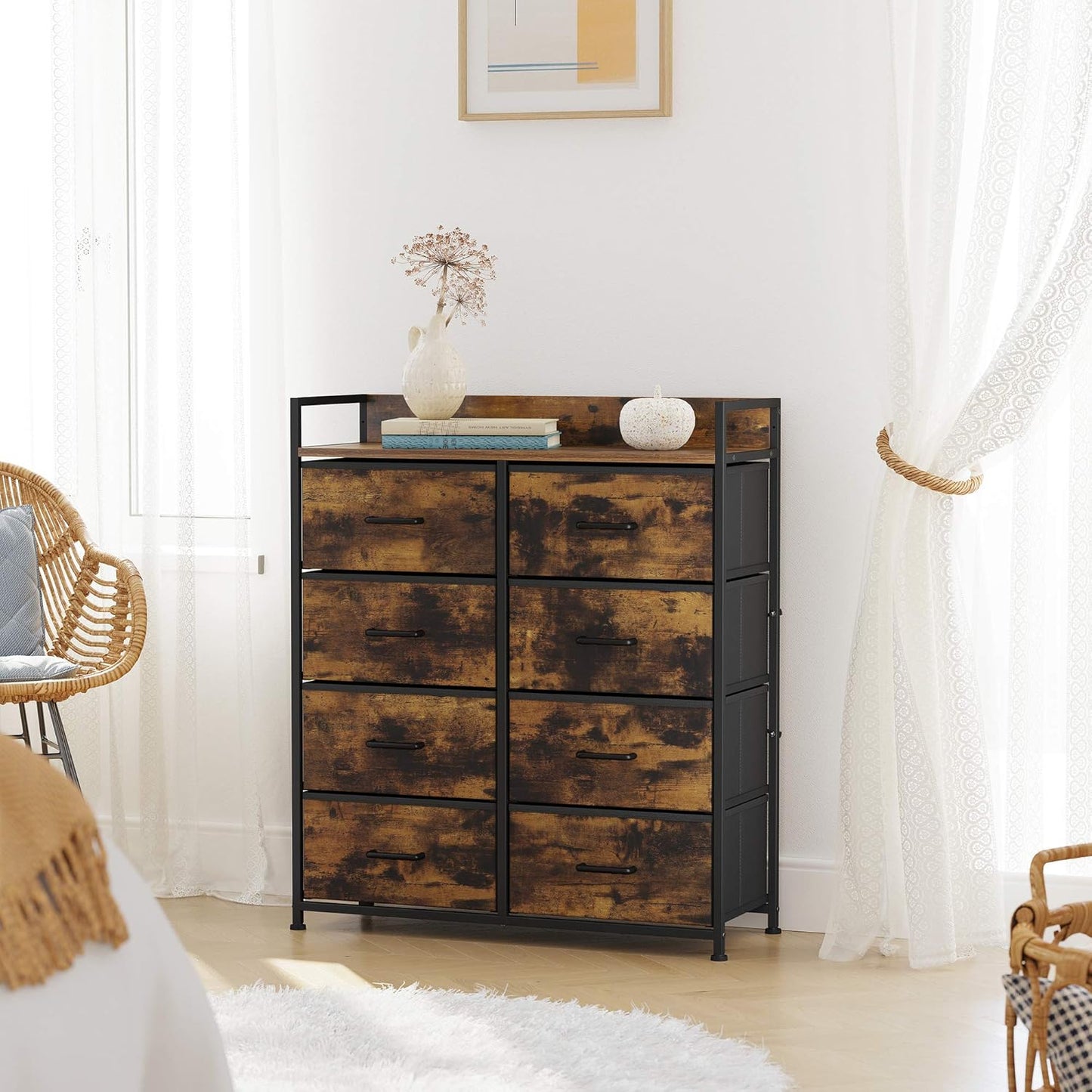 Drawer Dresser, Closet Storage Dresser, Chest of Drawers, 8 Fabric Drawers and Metal Frame with Handles, Rustic Brown and Black