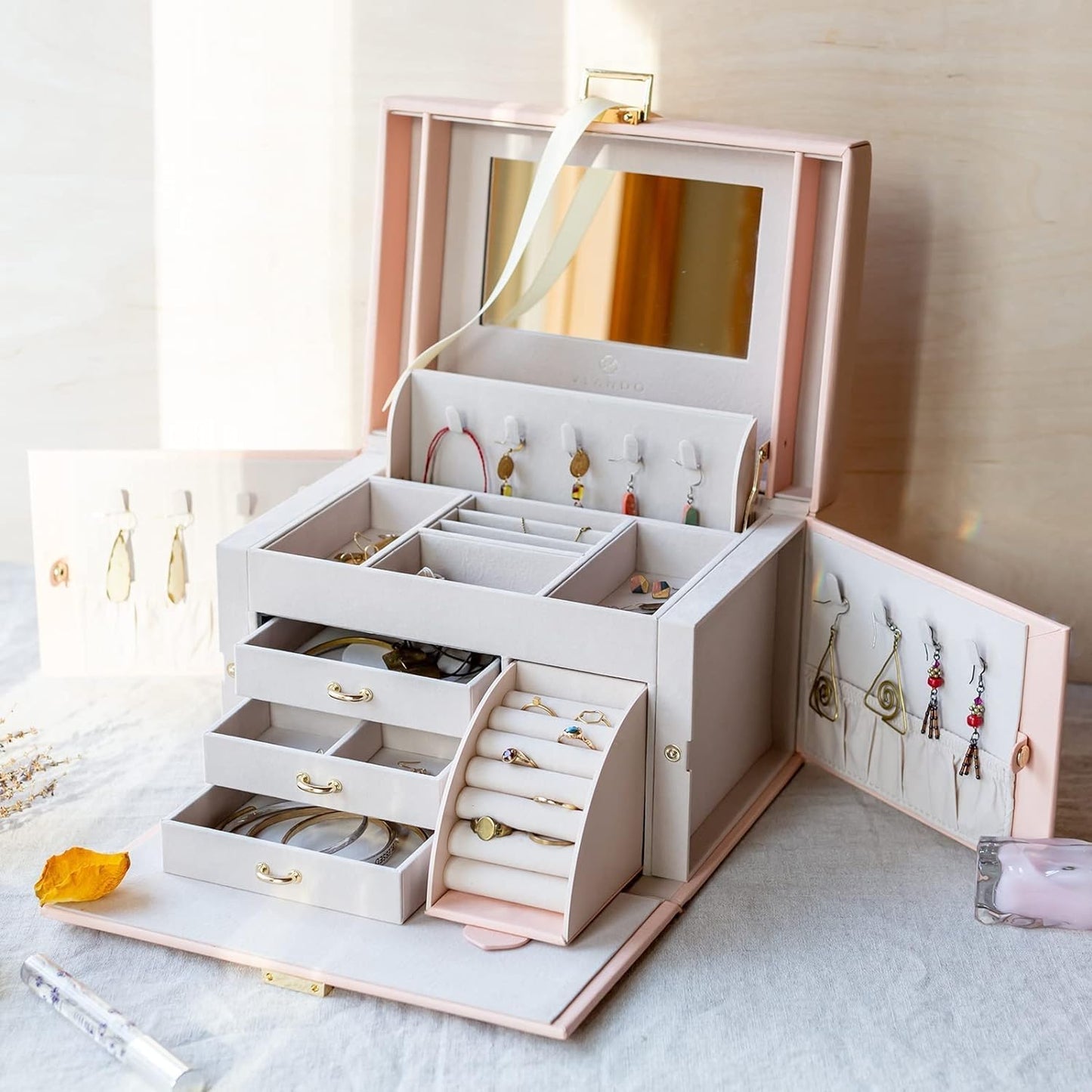 Elegant Baroque Jewelry Organizer-Spacious Storage Box with Mirror and Drawers for Bracelets, Earrings, Rings, Necklaces