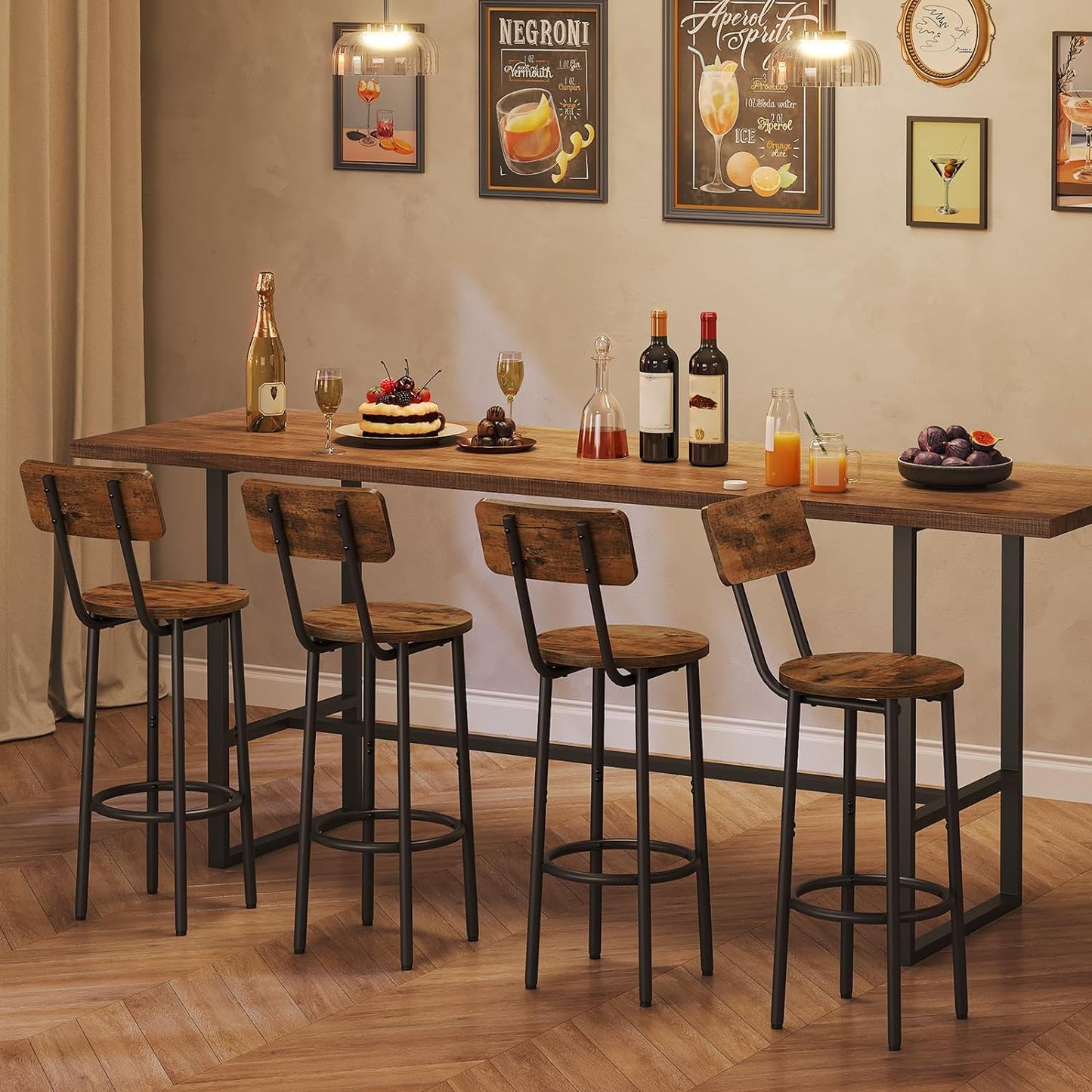 Set of 2 Adjustable Bar Stools with Footrest and Backrest, Rustic Brown and Black, Easy Assembly for Kitchen, Living Room, Bar