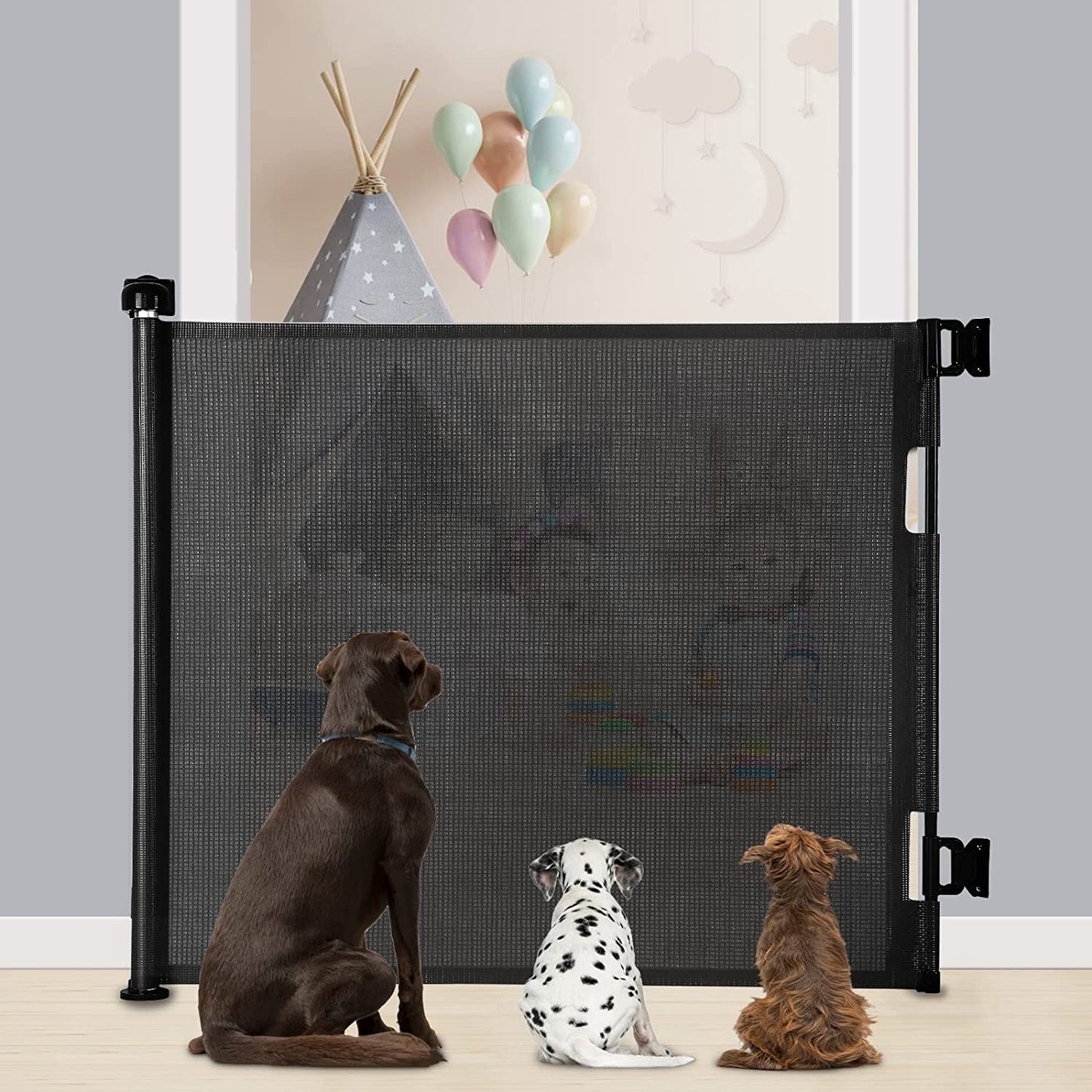 Retractable Extra Wide Baby Gate - 33” Tall, Extends to 55” Wide, Mesh Safety Gate, Kids and Pets, Suitable for Stairs, Indoor/Outdoor (33”X55” - Black)