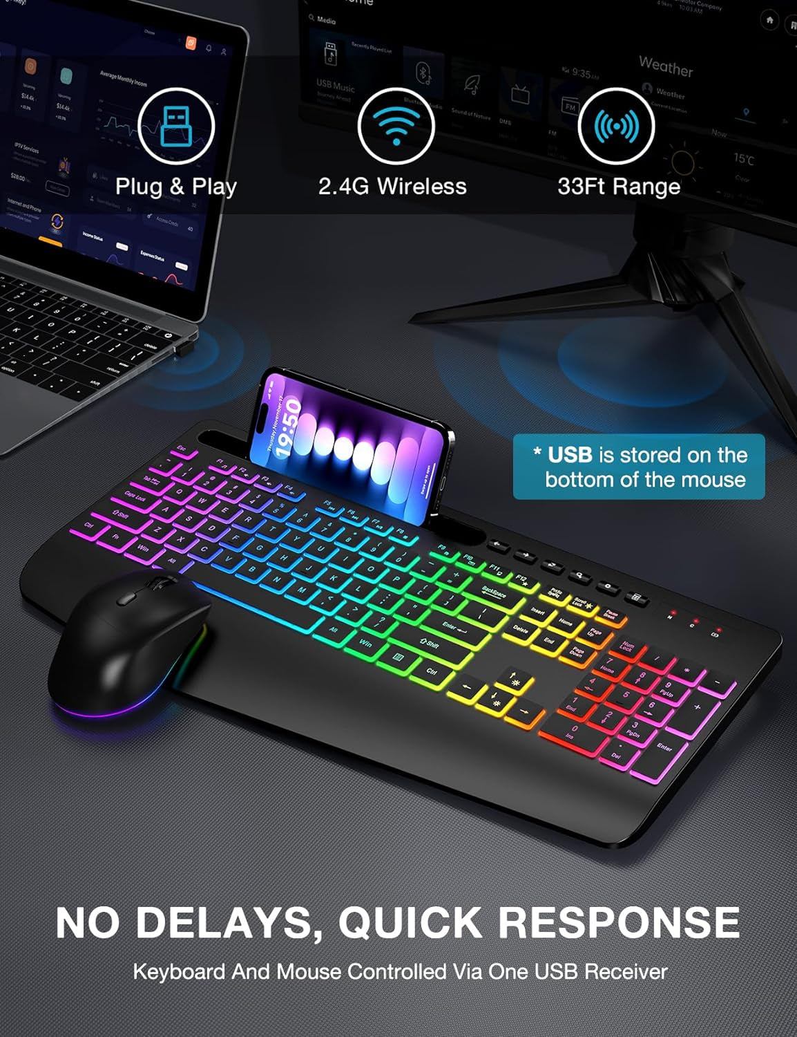 Wireless Ergonomic Keyboard and Mouse Combo with Backlit Effects, Wrist Rest, Phone Holder, and Rechargeable Silent Design