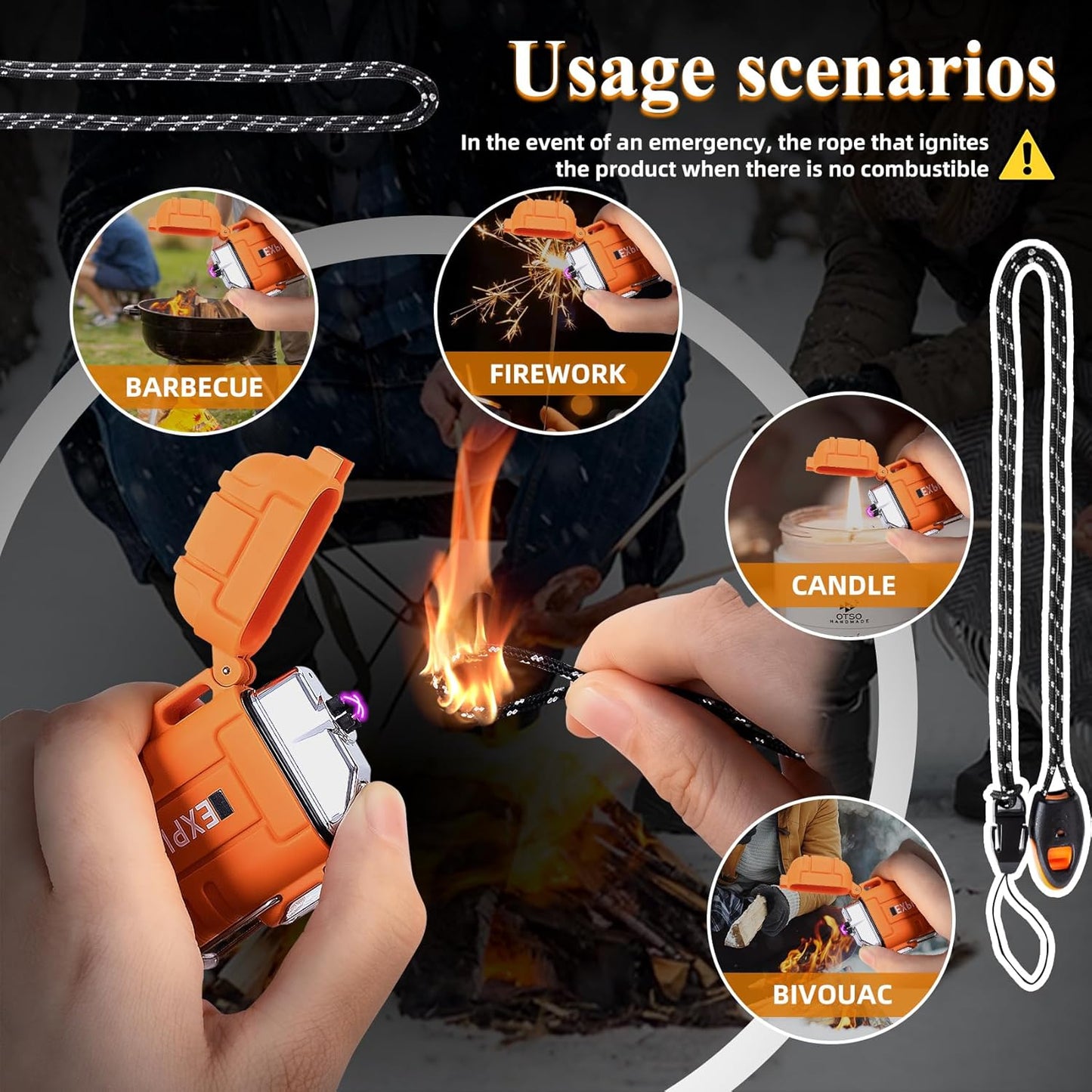 Plasma Arc Lighter with Emergency Whistle - Waterproof, Windproof, Rechargeable USB Electric Lighter for Hiking, Camping, and Tactical Adventures (Orange)