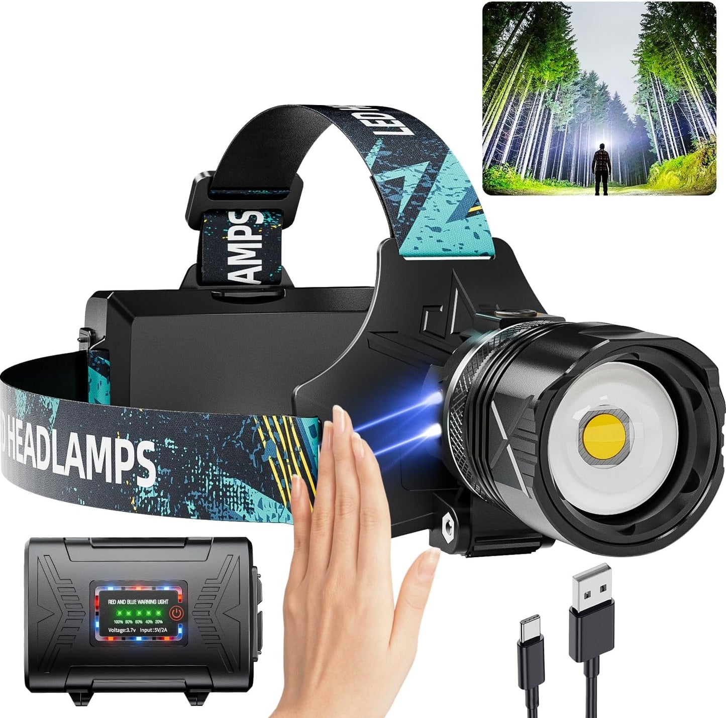 Rechargeable 500,000 Lumens LED Headlamp - Motion Sensor, Zoom Functionality, 5 Lighting Modes, IPX7 Waterproof Rating - Perfect for Outdoor Activities, Work, Running, Cycling