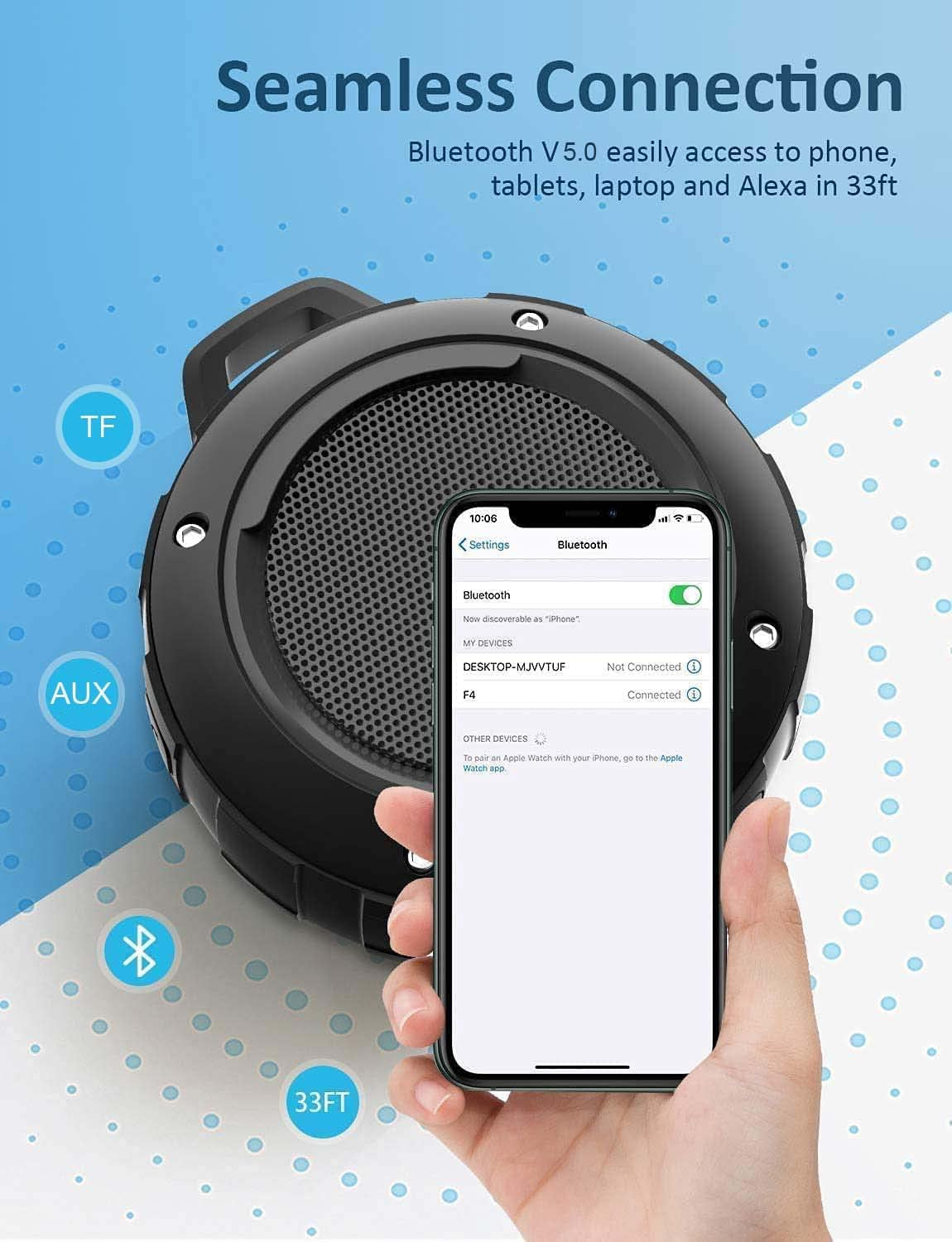 Outdoor Waterproof Bluetooth Speaker - Portable Mini Shower Speaker with Subwoofer and Enhanced Bass, Built-in Microphone (Black)