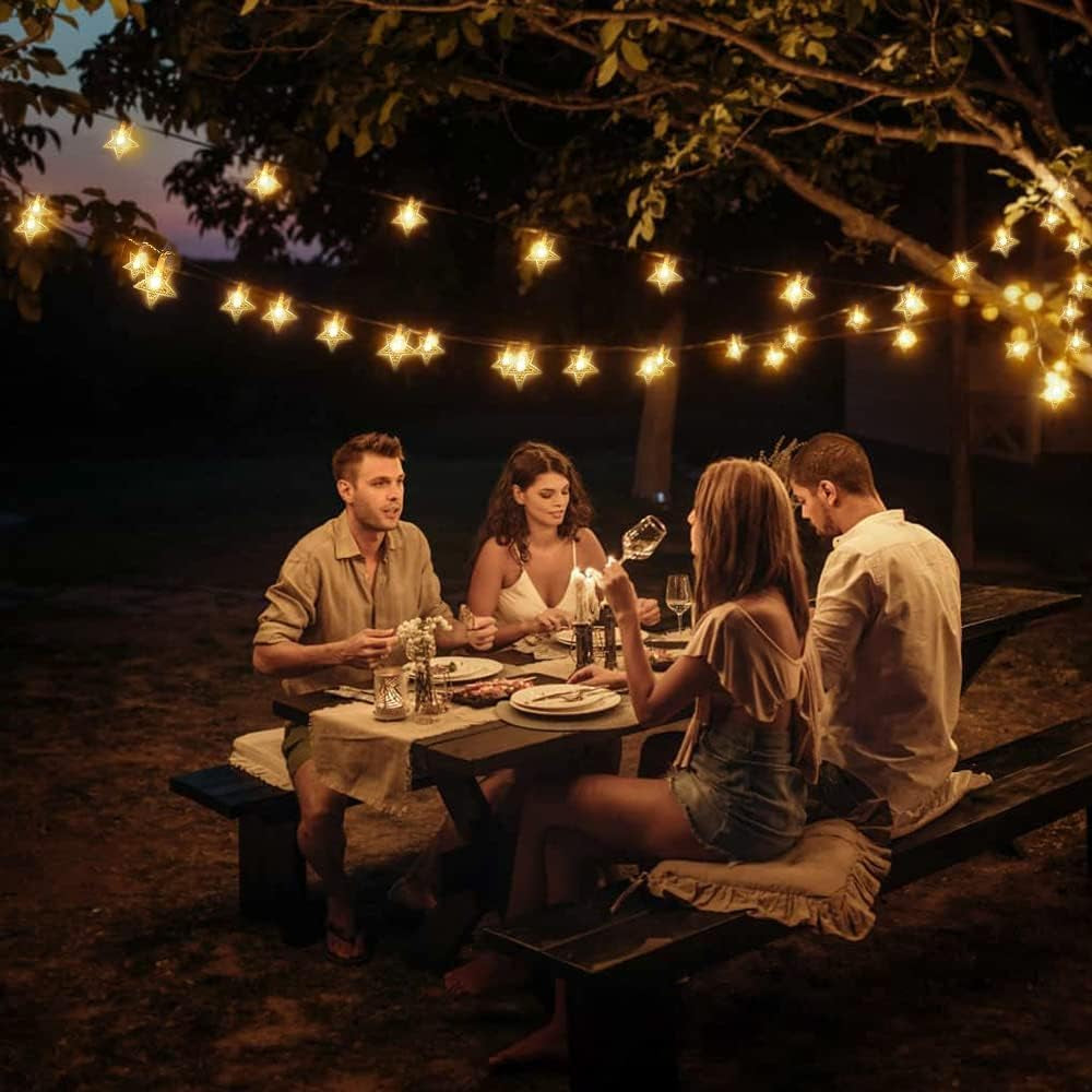33 Ft 100 LED Warm White Star String Lights with Remote and Timer for Indoor and Outdoor Décor - Ideal for Bedrooms, Porches, Weddings, Parties, Patios, Gardens, and Tents