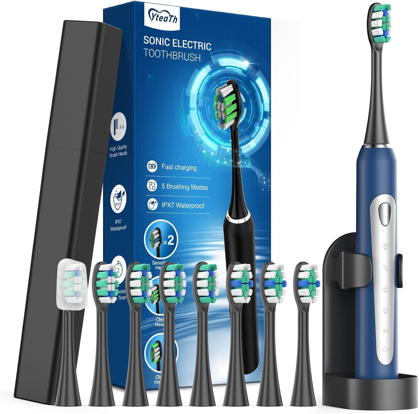 Sonic Electric Toothbrush for Adults with 8 Replacement Brush Heads, 60-Day Battery Life, 5 Cleaning Modes, and 2-Minute Smart Timer