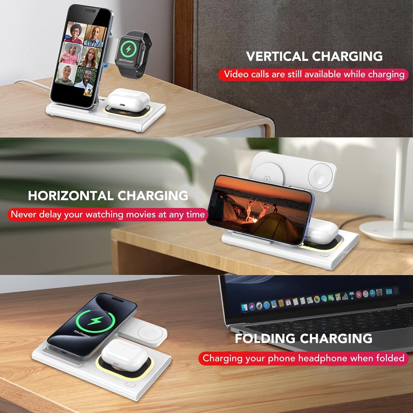3-in-1 Foldable Wireless Charging Station for Apple Devices - Compatible with iPhone 11-16 Series, iWatch, and AirPods (White)
