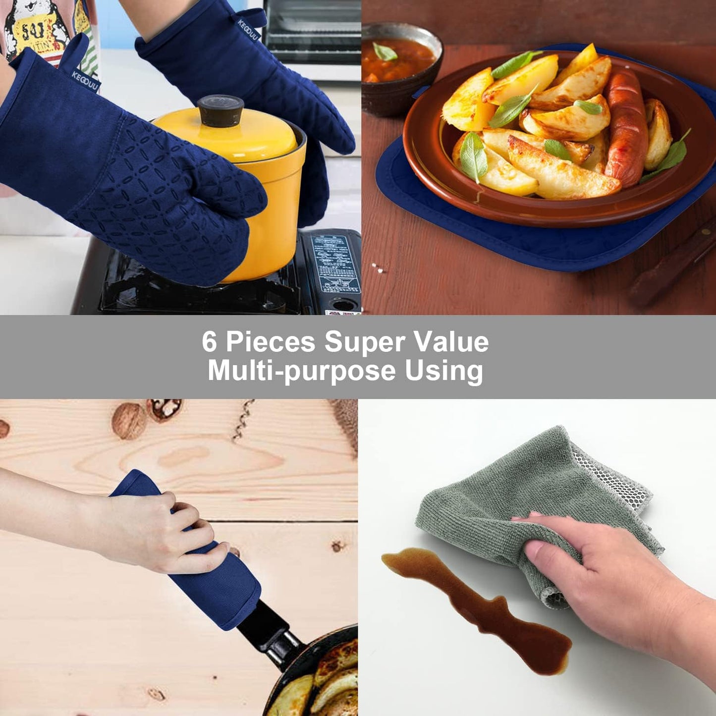 6-Piece High Heat Resistant Oven Mitts and Pot Holders Set with Non-Slip Silicone Surface, Extra Long Design for Safe Cooking up to 500 Degrees