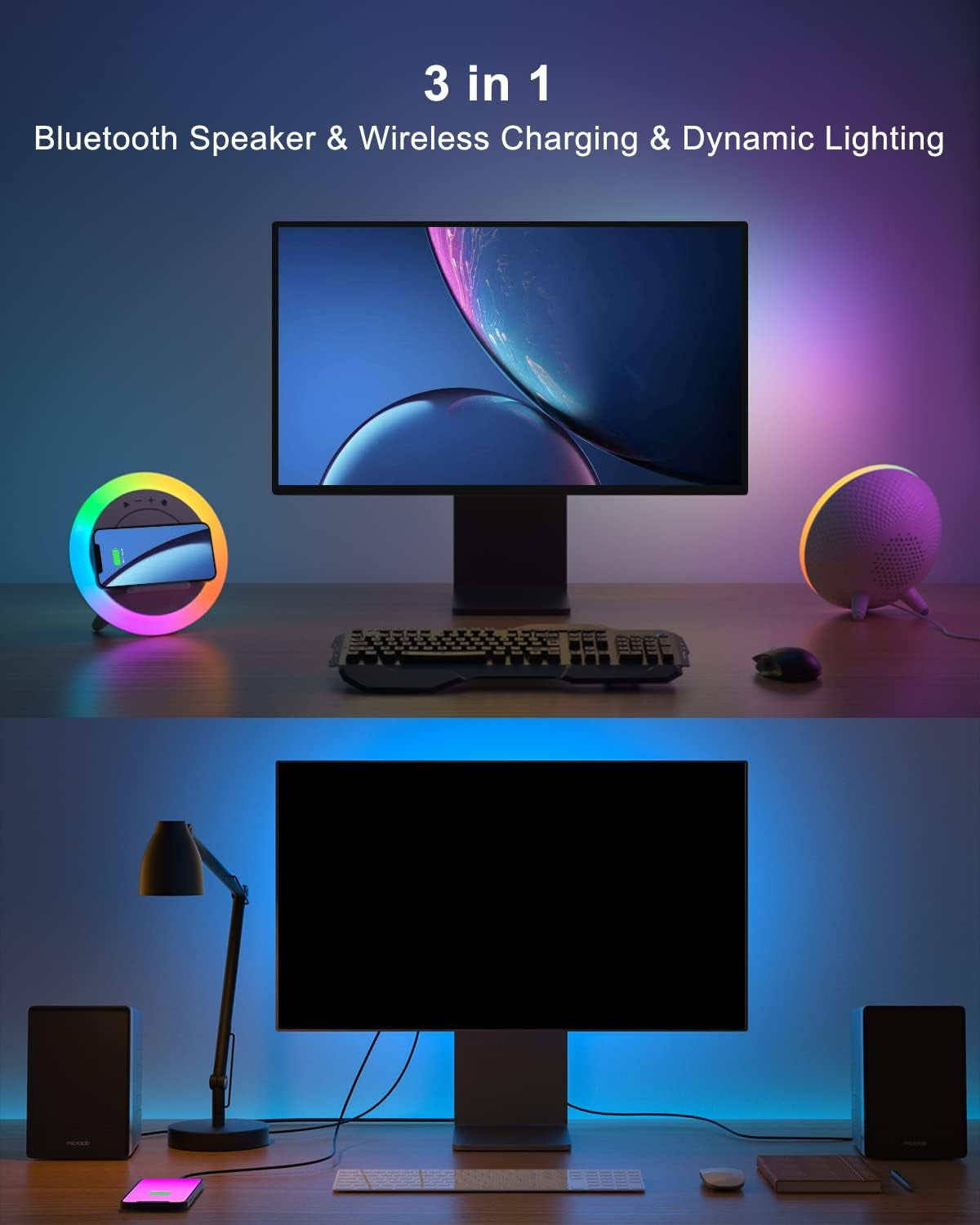 Bluetooth Speaker with LED Lighting and Wireless Charging, Dimmable Multi-Color Modern Night Lamp for Bedroom