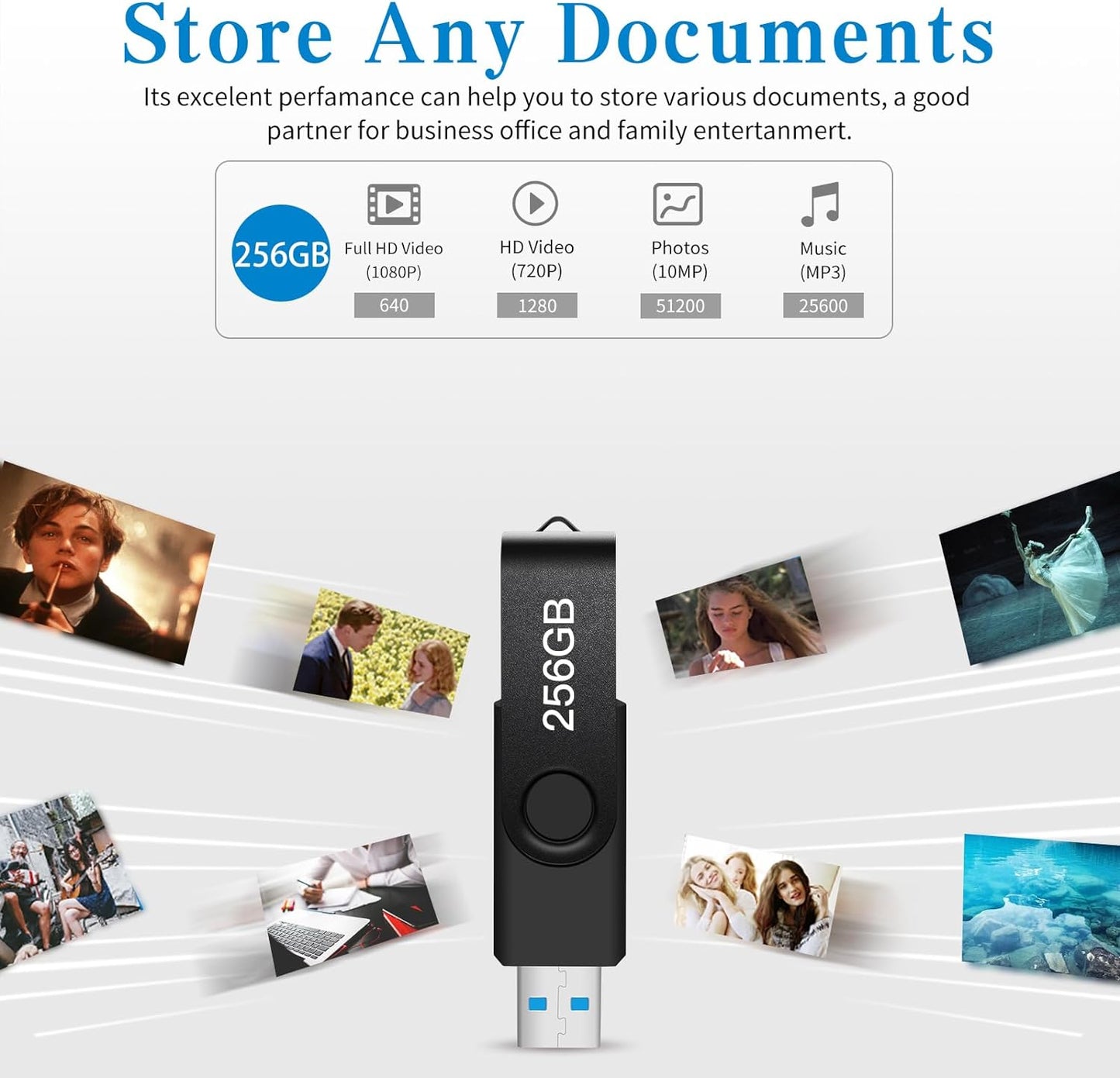 256GB USB Flash Drive - High-Speed Portable Thumb Drive with Keychain - Actual Storage 249GB Approx - Large Capacity Memory Stick