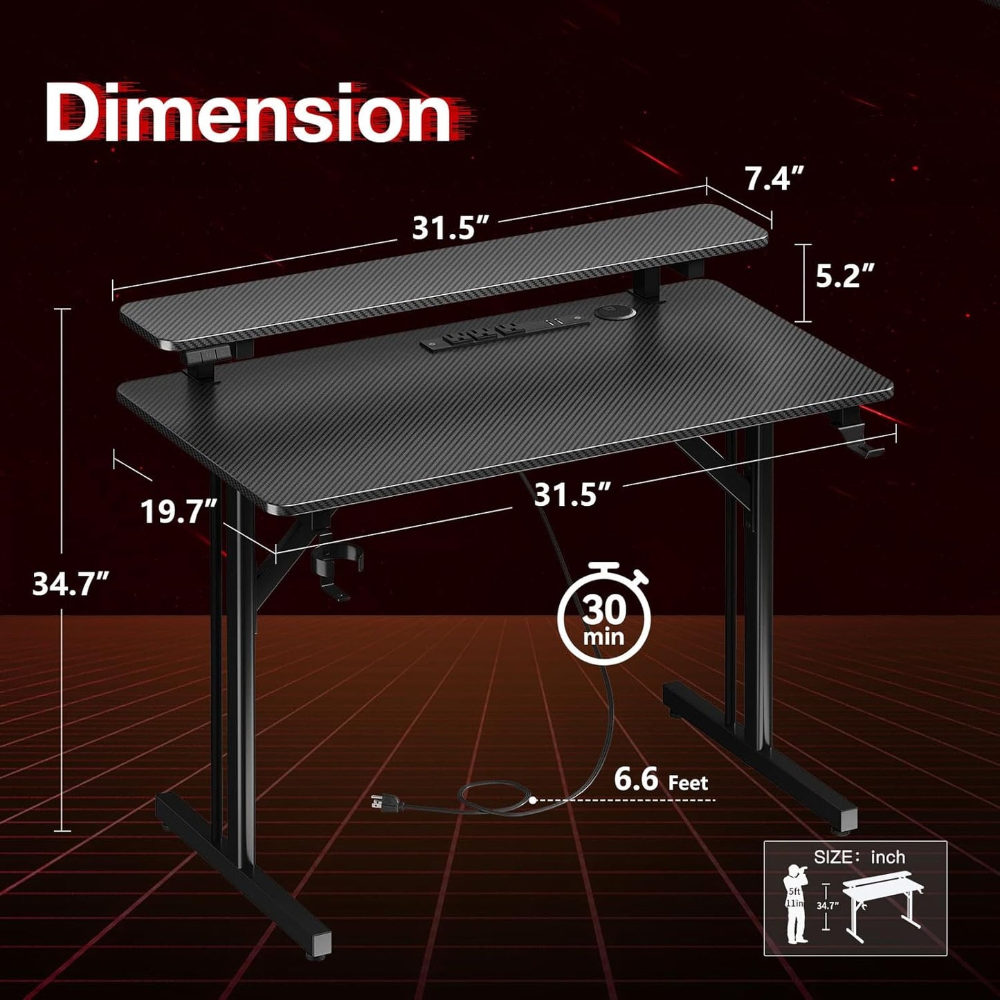 31-Inch Gaming Desk with LED Lighting and Power Outlets, Carbon Fiber Texture Computer Table with Monitor Shelf