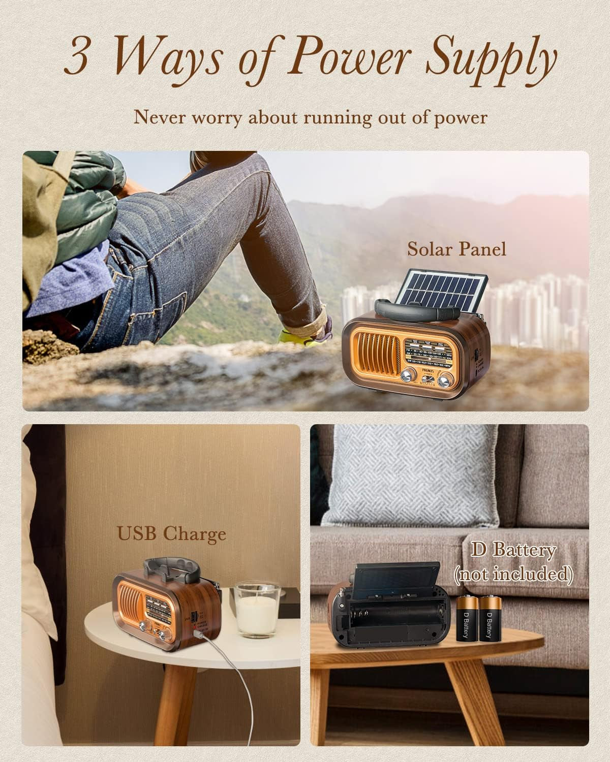 2024 Latest J-150 Compact Retro Bluetooth Radio - Portable AM/FM Transistor, Superior Sound Quality, Solar/Battery Rechargeable, TWS Support, TF Card/USB Playback