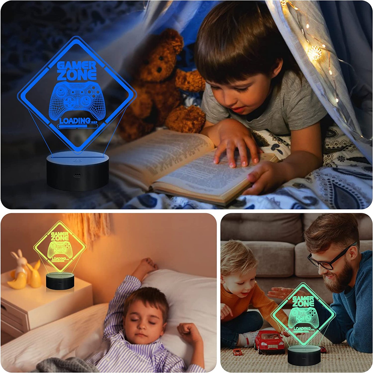 Gamer Zone Night Light,Gamepad Gamepad Graphic Video Games Gamer Gift Funny 3D Illusion Lamp 16 Colors Changing Touch & Remote Control for Men Teenagers and Kids
