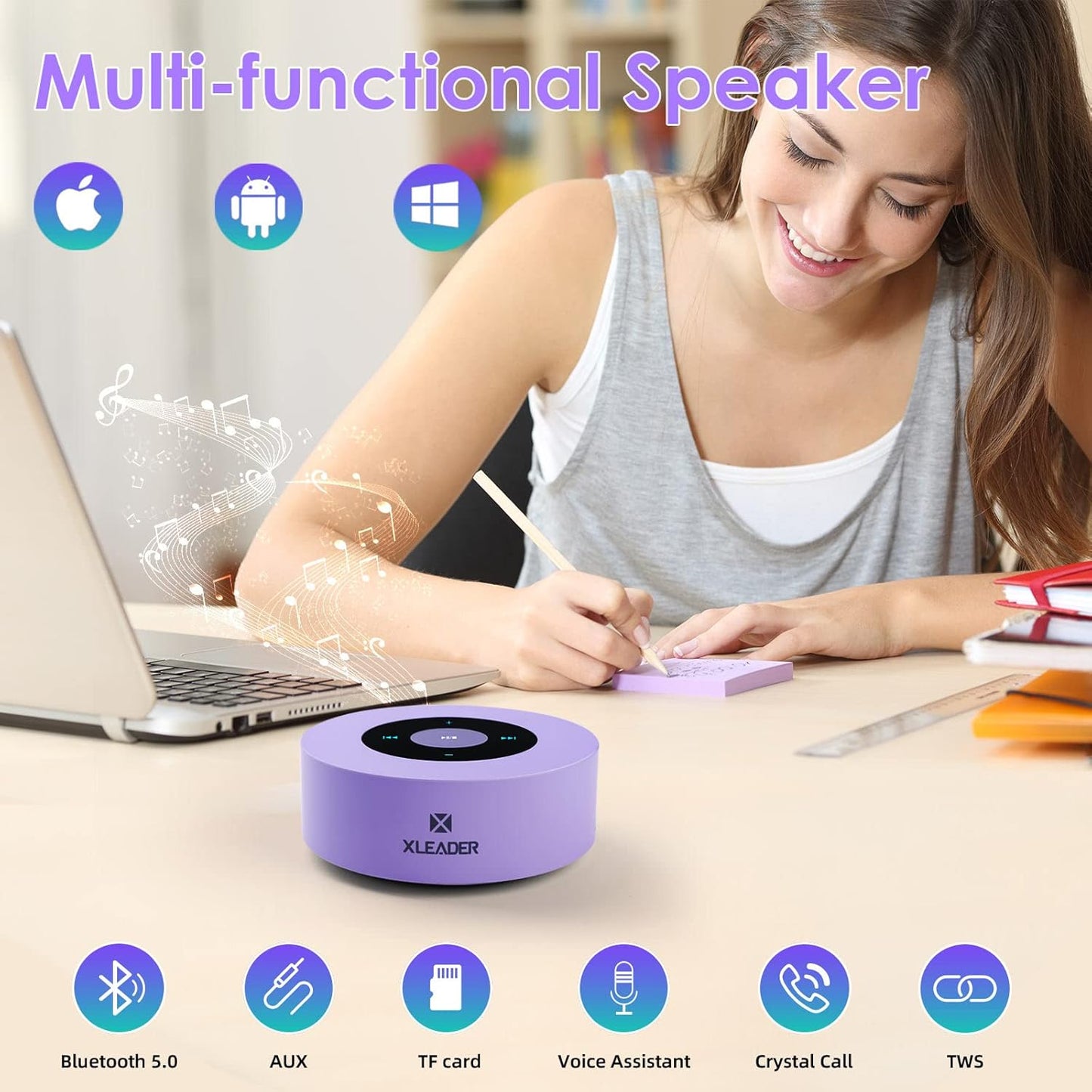 Smart Touch Bluetooth Speaker - Soundangel Lavender Auto Pairing Pocket Speaker, Portable Waterproof Case, 3D Sound, Microphone, TF Card, and Aux