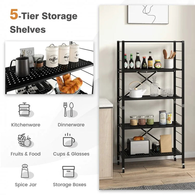 Adjustable 5-Tier Shelving Unit on Wheels for Garage, Kitchen, and Balcony Use