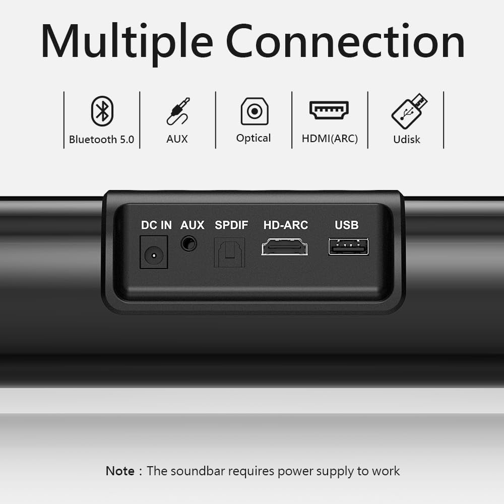 16-Inch Bluetooth Sound Bar for TV - 50W Home Audio Speaker - Subwoofer, Bass & Surround Sound, Wall Mountable - Aux/HDMI/Optical/USB - 3EQs
