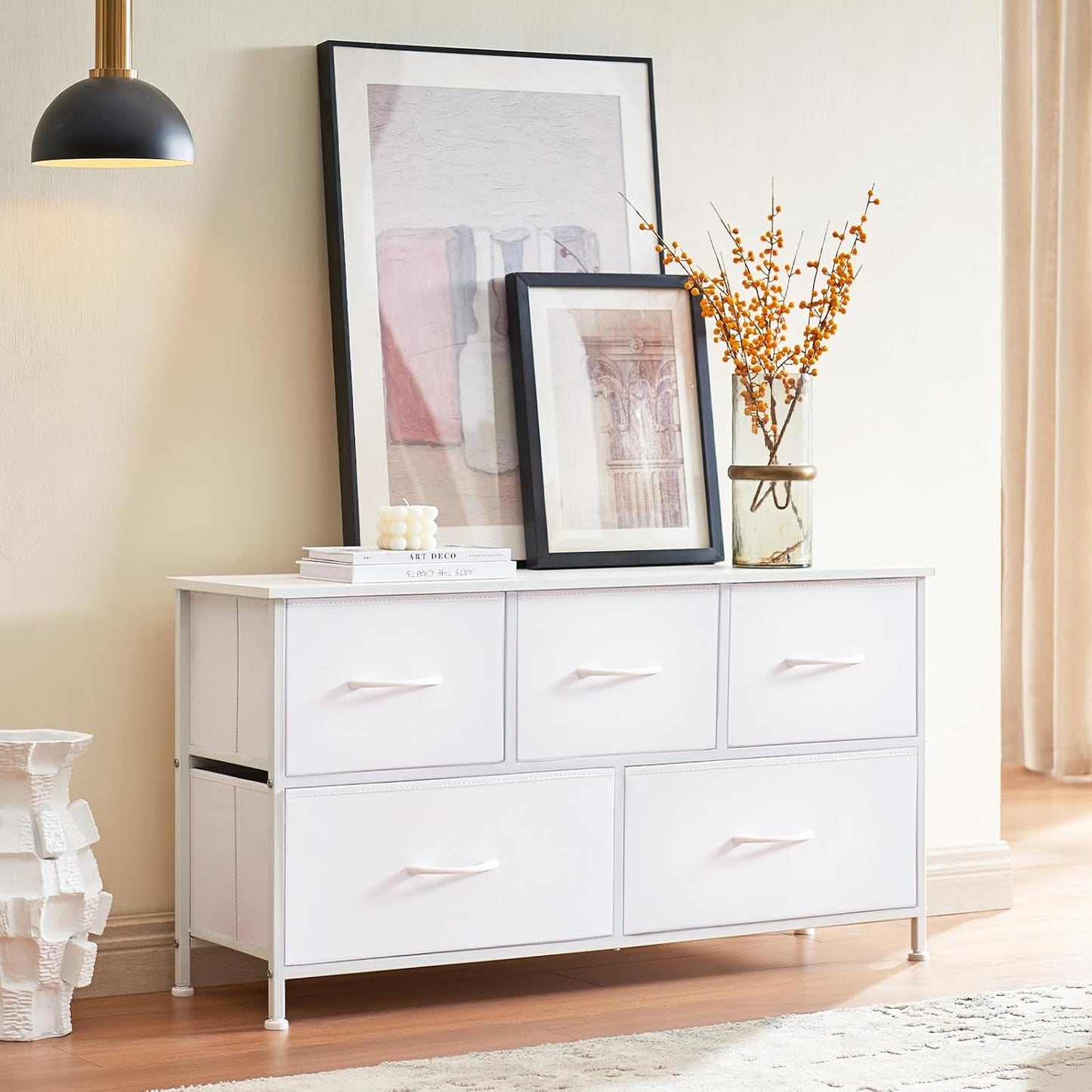 Elegant 5-Drawer Dresser with Fabric Bins - Versatile Storage - Bedroom, Living Room, Nursery - White Leather Finish