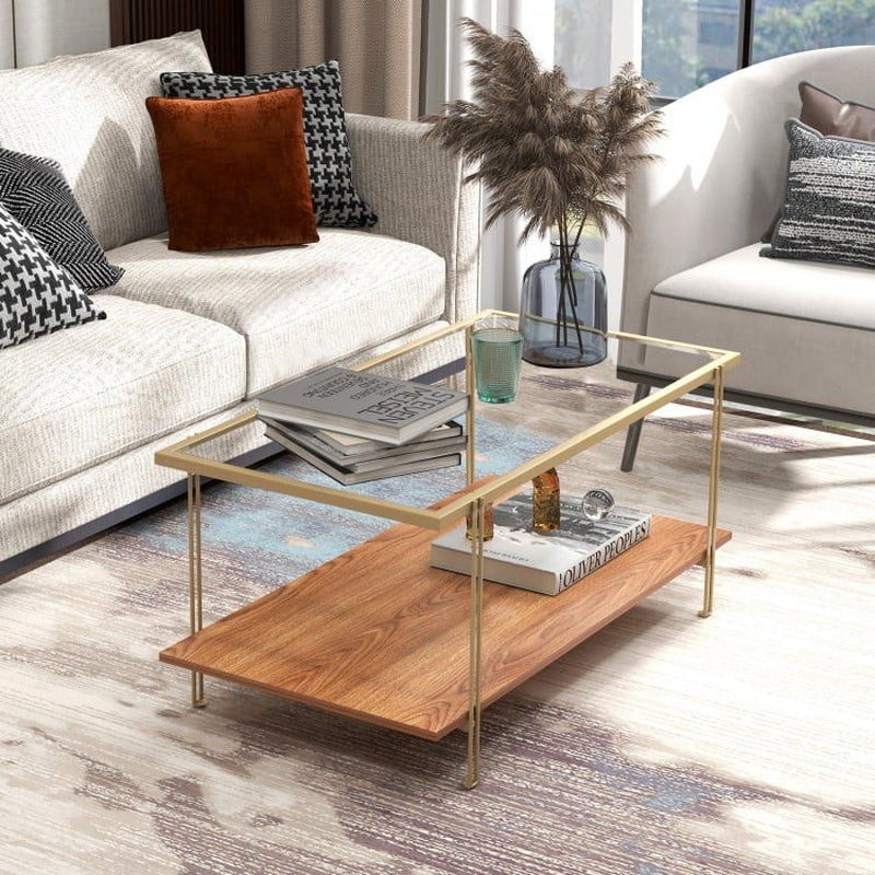 Two-Tier Rectangular Glass Coffee Table with White and Gold Steel Frame
