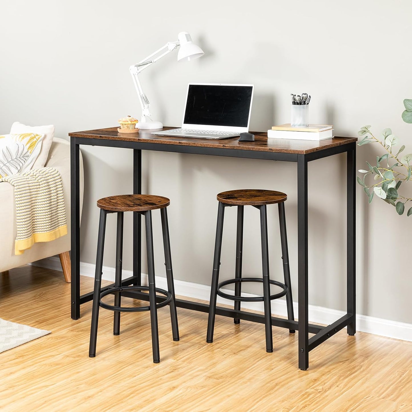 Set of 2 Round Bar Stools with Footrest, Sturdy Steel Frame, Brown Finish