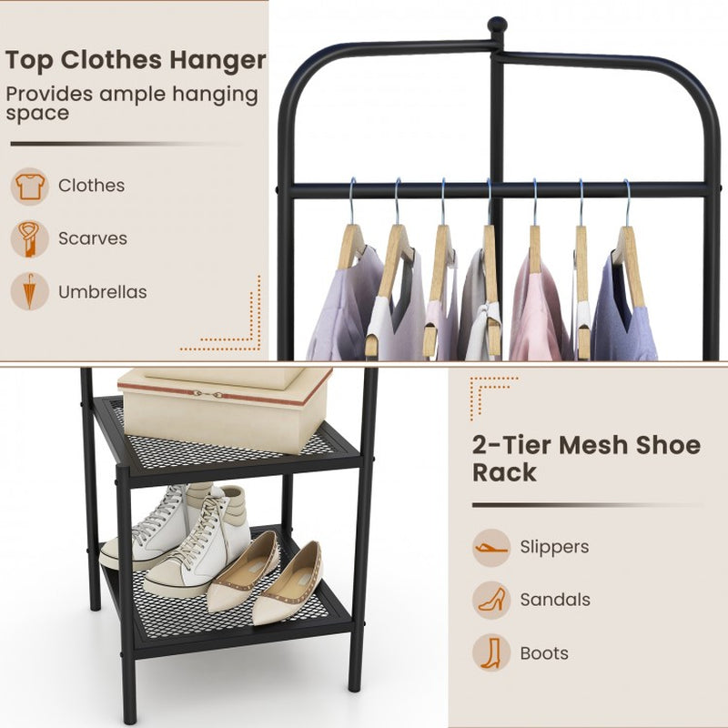 Corner Coat Rack with Top Hanger and Dual Mesh Shelves for Entryway, Hallway, Living Room, and Bedroom