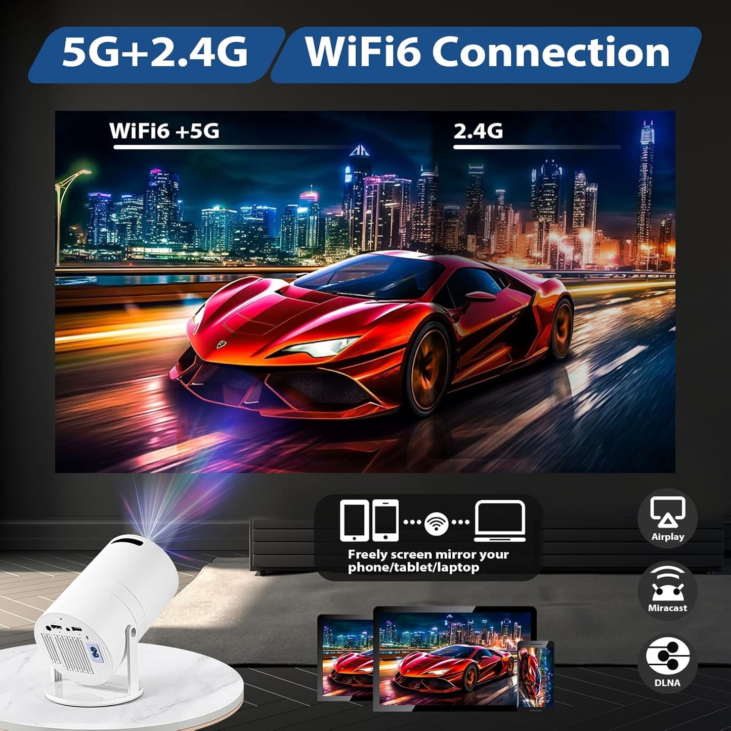 Mini Projector with WiFi 6 and Bluetooth 5.0, Featuring Android 11 OS, Automatic Keystone Correction, 180 Viewing Angle, 130-Inch Display