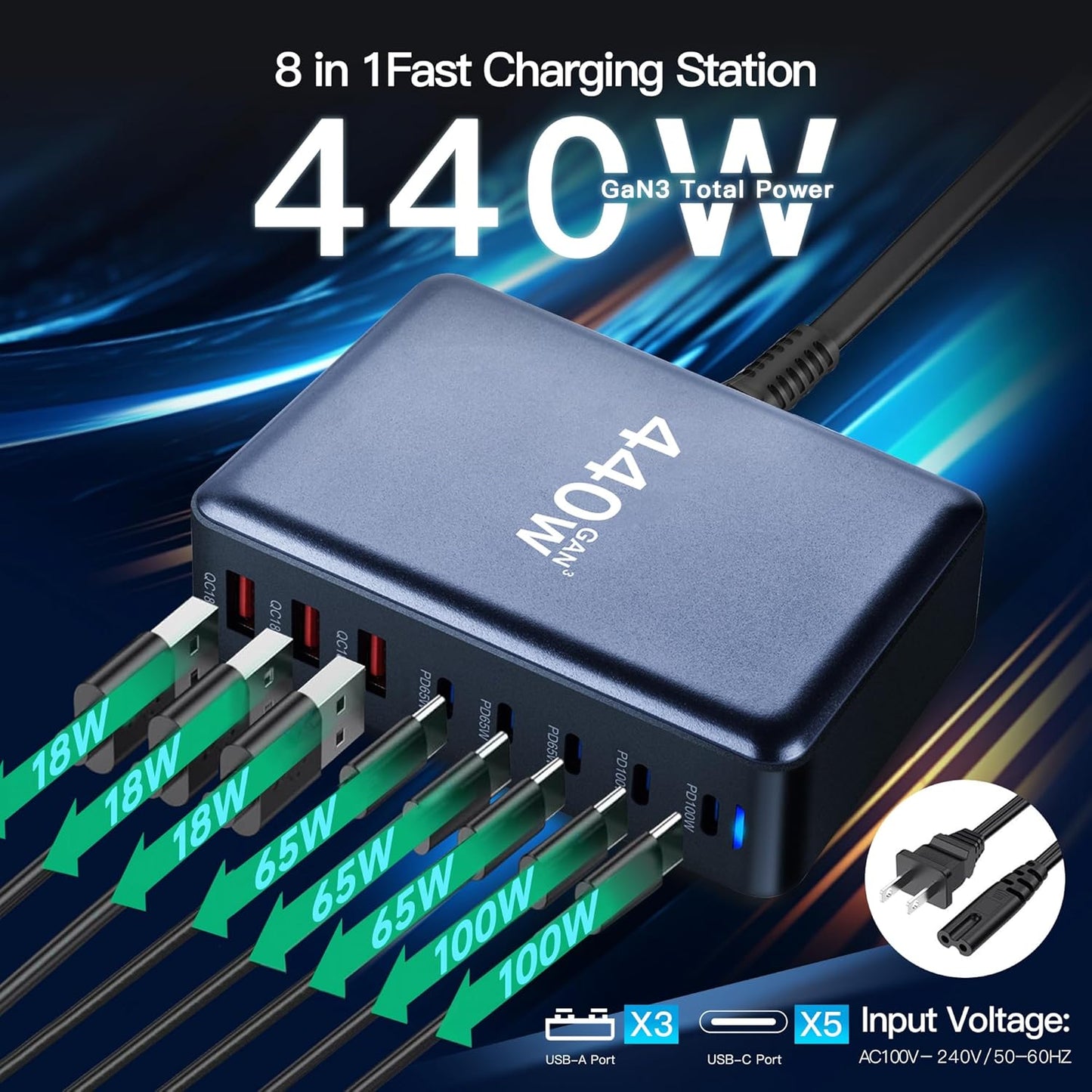 440W 8-Port USB-C GaN3 Fast Charging Station - Compatible with Laptops, iPads, iPhones 15/14/13/12/11 Pro Max, Google Pixel, Samsung