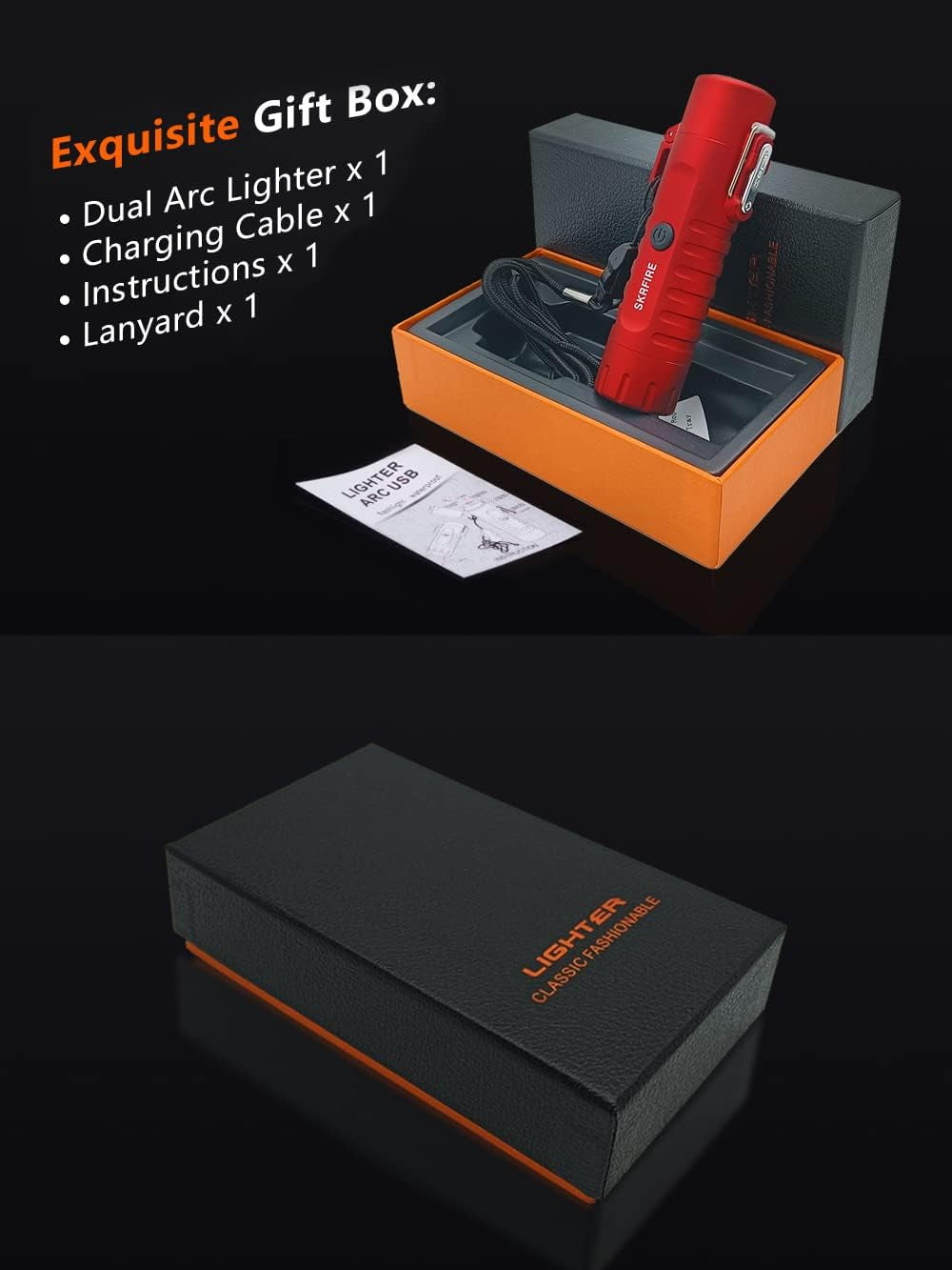 Rechargeable Dual Arc Plasma Lighter - Flameless, Waterproof, Windproof with LED Flashlight for Outdoor Use - Gift Box Included (Red)