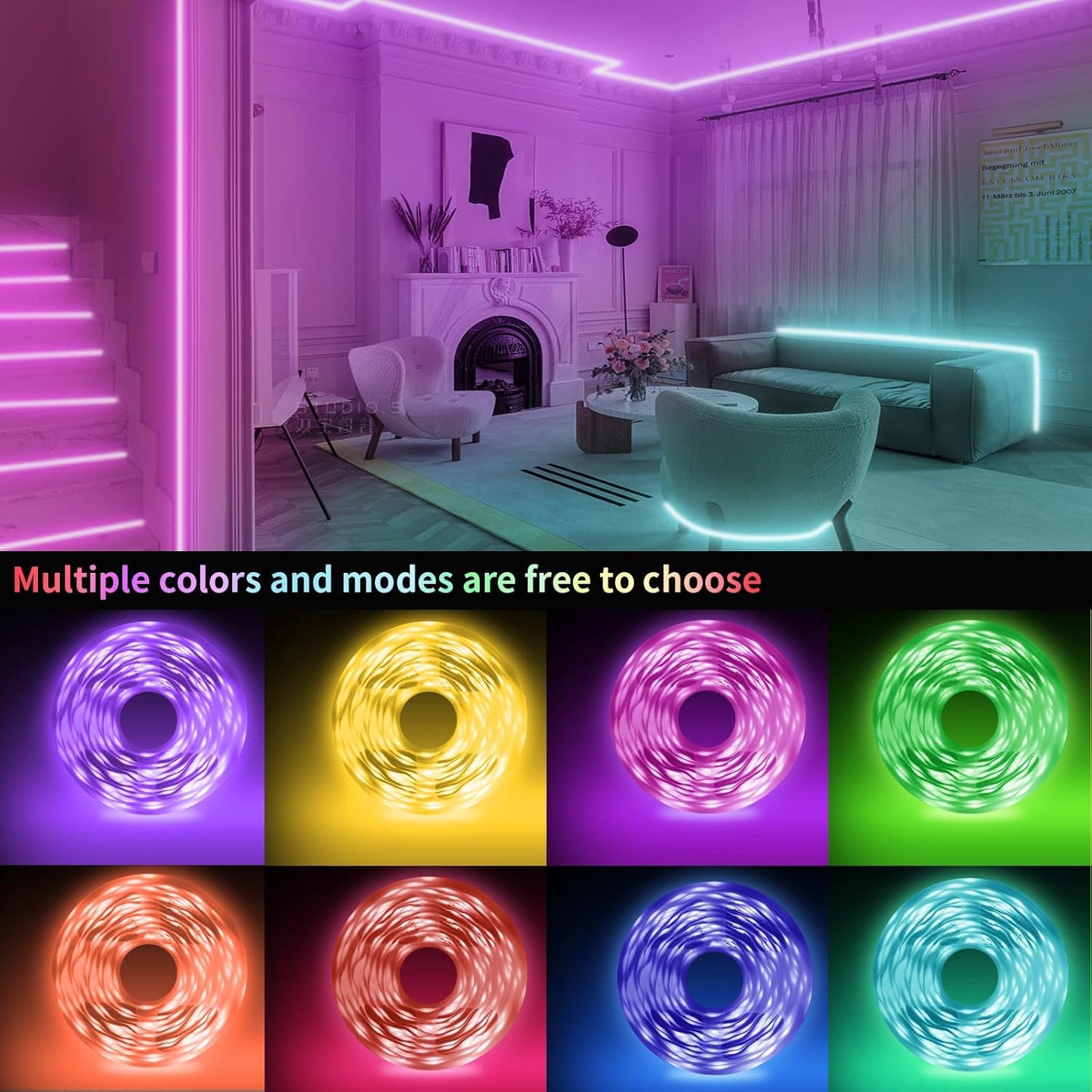 100FT Smart RGB LED Strip Lights with Music Sync, App and Remote Control - 30M Decorative Lighting for Bedroom and Party Spaces