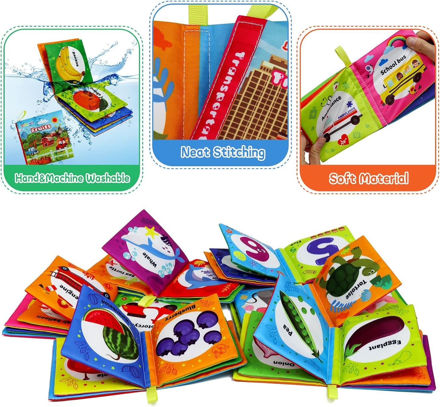 Soft Cloth Baby Books - 6-Pack Washable, Non-Toxic, Crinkle & Squeaky Educational Activity for Infants,Toddlers