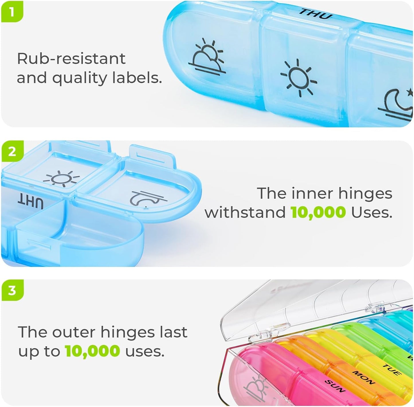 Weekly Pill Organizer with Three Daily Compartments - Portable 7-Day Medication Case with Spacious Individual Sections for Vitamins, Fish Oil, and Supplements