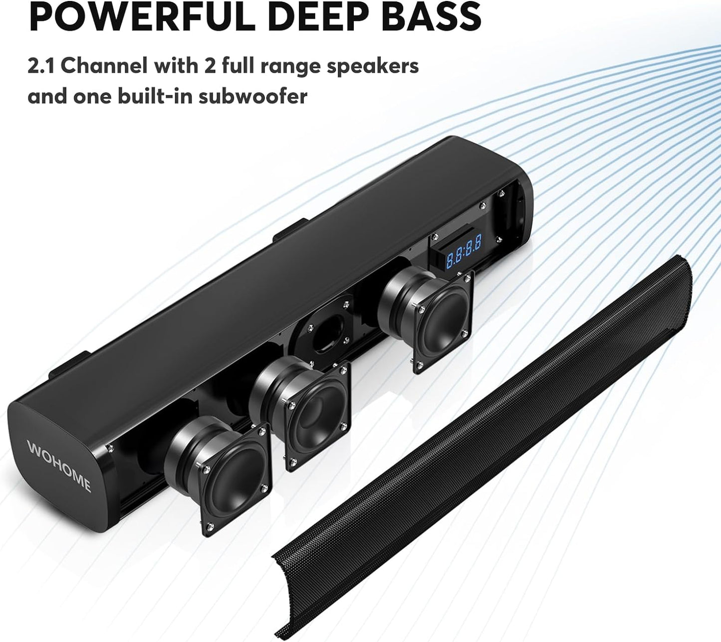 2.1 Channel Compact Sound Bar - Integrated Subwoofer and 6-Level Voice Enhancement, 16-Inch Bluetooth Speakers, Optical, Aux, USB Connectivity (Black)