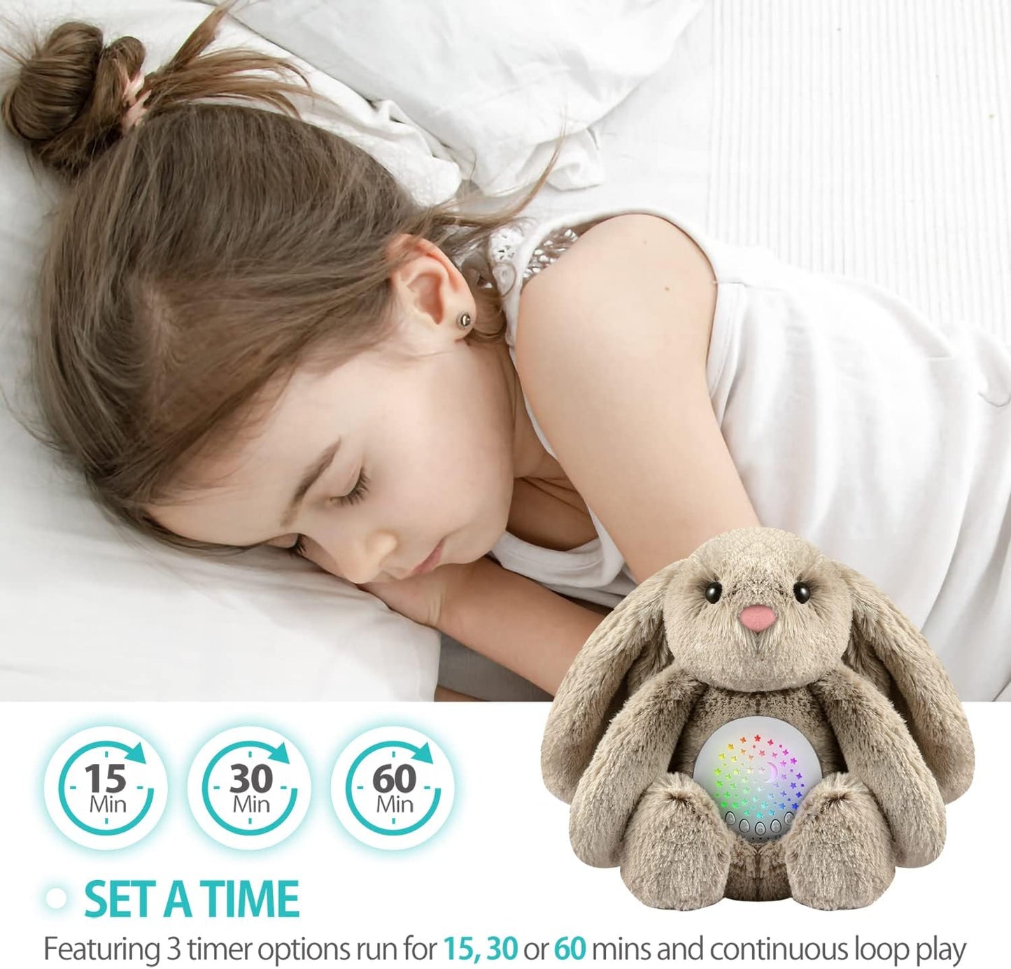 Bedtime Baby Bunny Soother - Starry Projector - Calming Night Light, Lullaby Music, White Noise, Mother's Heartbeat