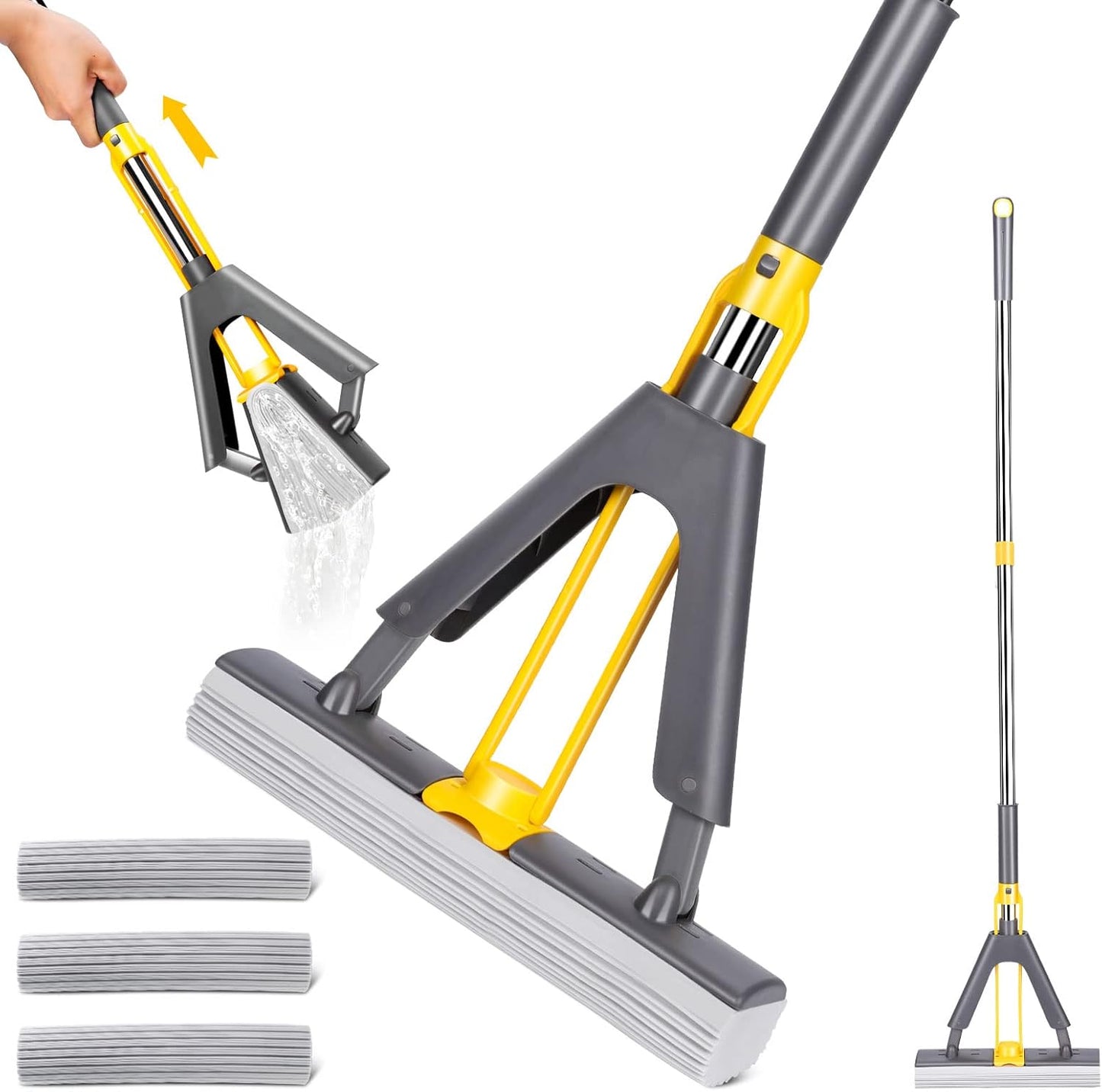Self-Wringing Sponge Mop with Three Absorbent Heads and 50-Inch Handle for Effortless Cleaning of Hardwood, Laminate, Tile, and Marble Floors