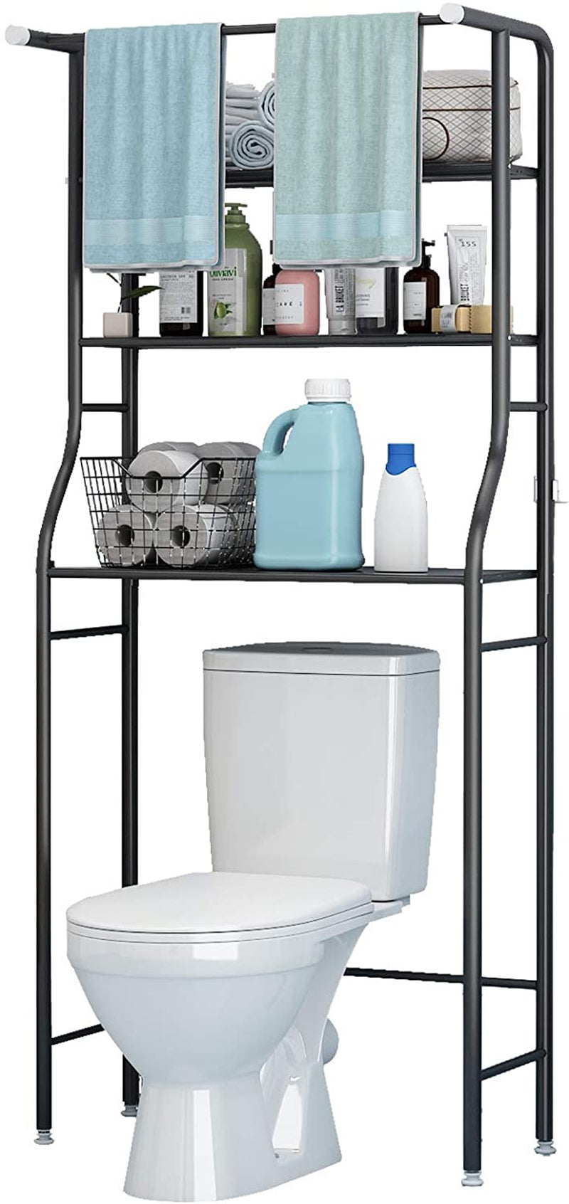 3-Tier Over-the-Toilet Bathroom Storage Rack and Corner Organizer with Hanging Rod, Black
