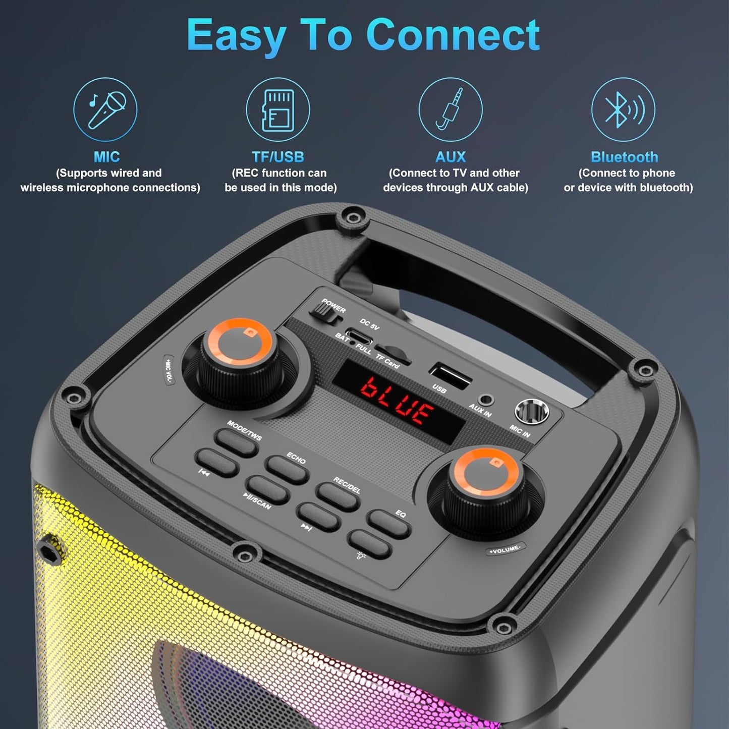 80W Peak Wireless Bluetooth Speaker - Subwoofer, TWS Portable Outdoor Party Speaker, Deep Bass, LED Lights, Loud Stereo Sound, Mic