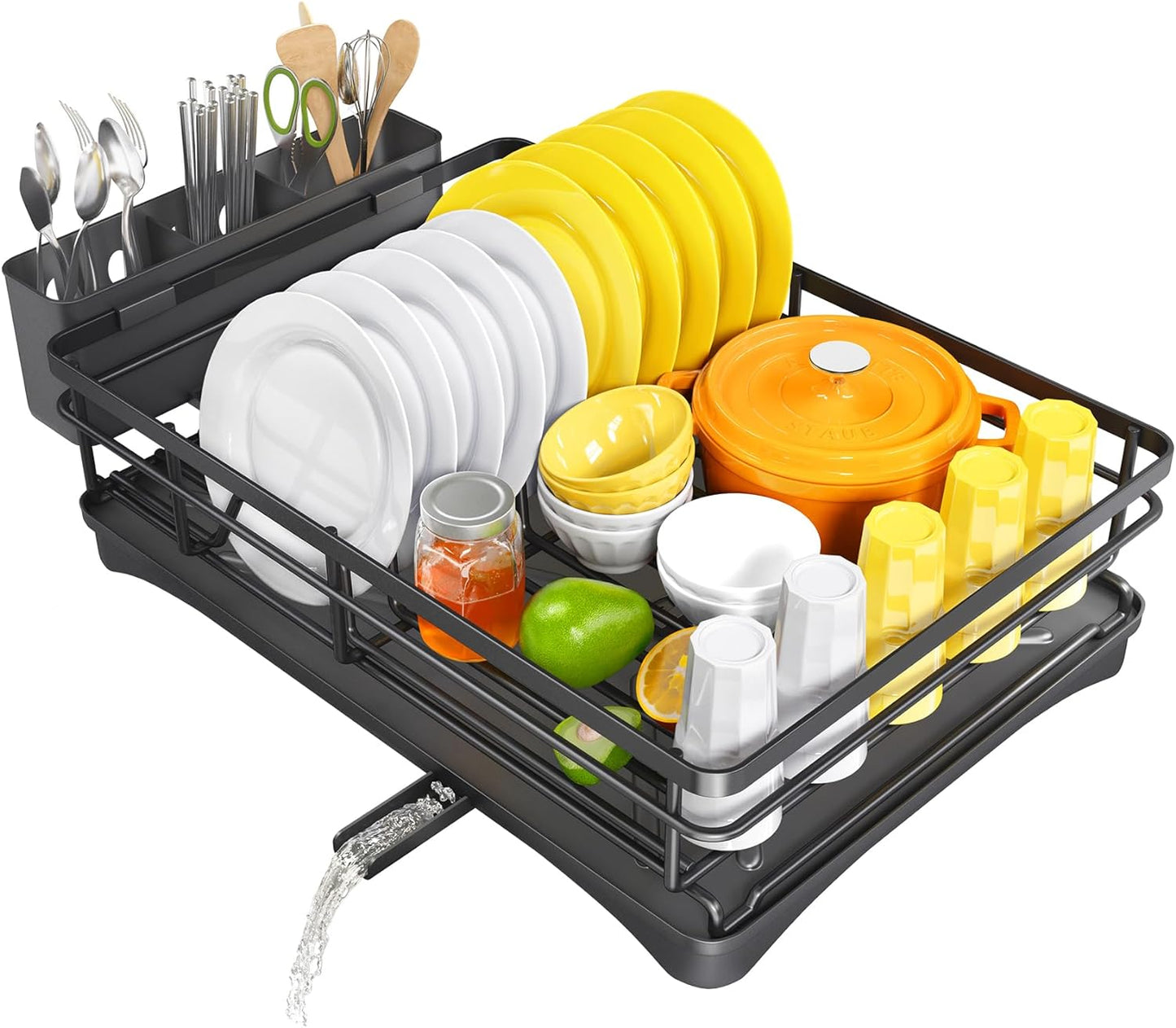 Large Rustproof Dish Drying Rack with Drainboard and Utensil Holder for Kitchen Counter, Black