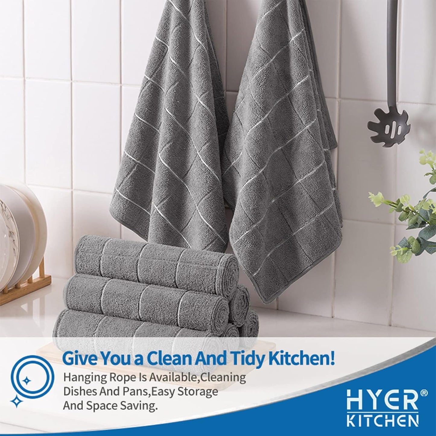 Microfiber Kitchen Towels - Highly Absorbent and Soft Solid Color Dish Towels, 8 Pack, 26 x 18 Inches, Gray