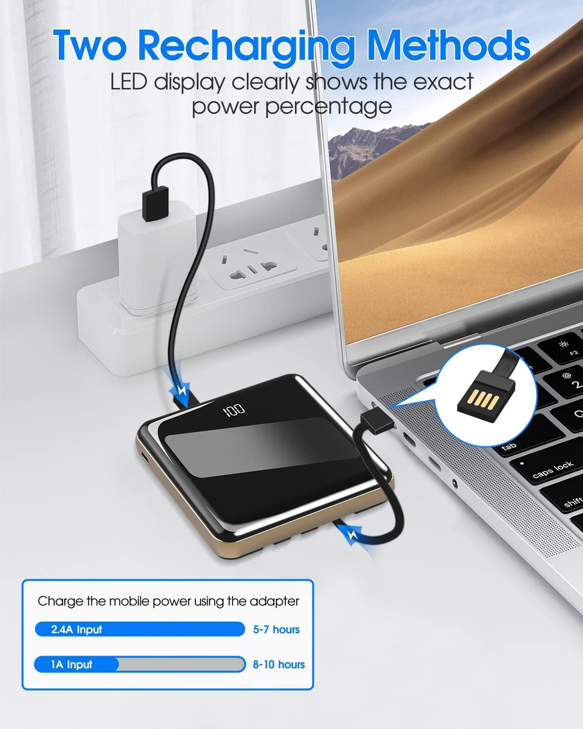 10000mAh Slim Portable Charger with Integrated Cables and LED Display - Versatile External Battery Pack with 4 Inputs and 5 Outputs