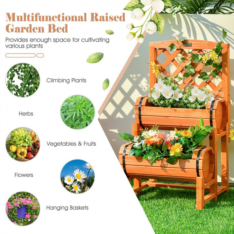 Two-Tier Raised Garden Bed with Dual Cylindrical Planter Boxes and Integrated Trellis
