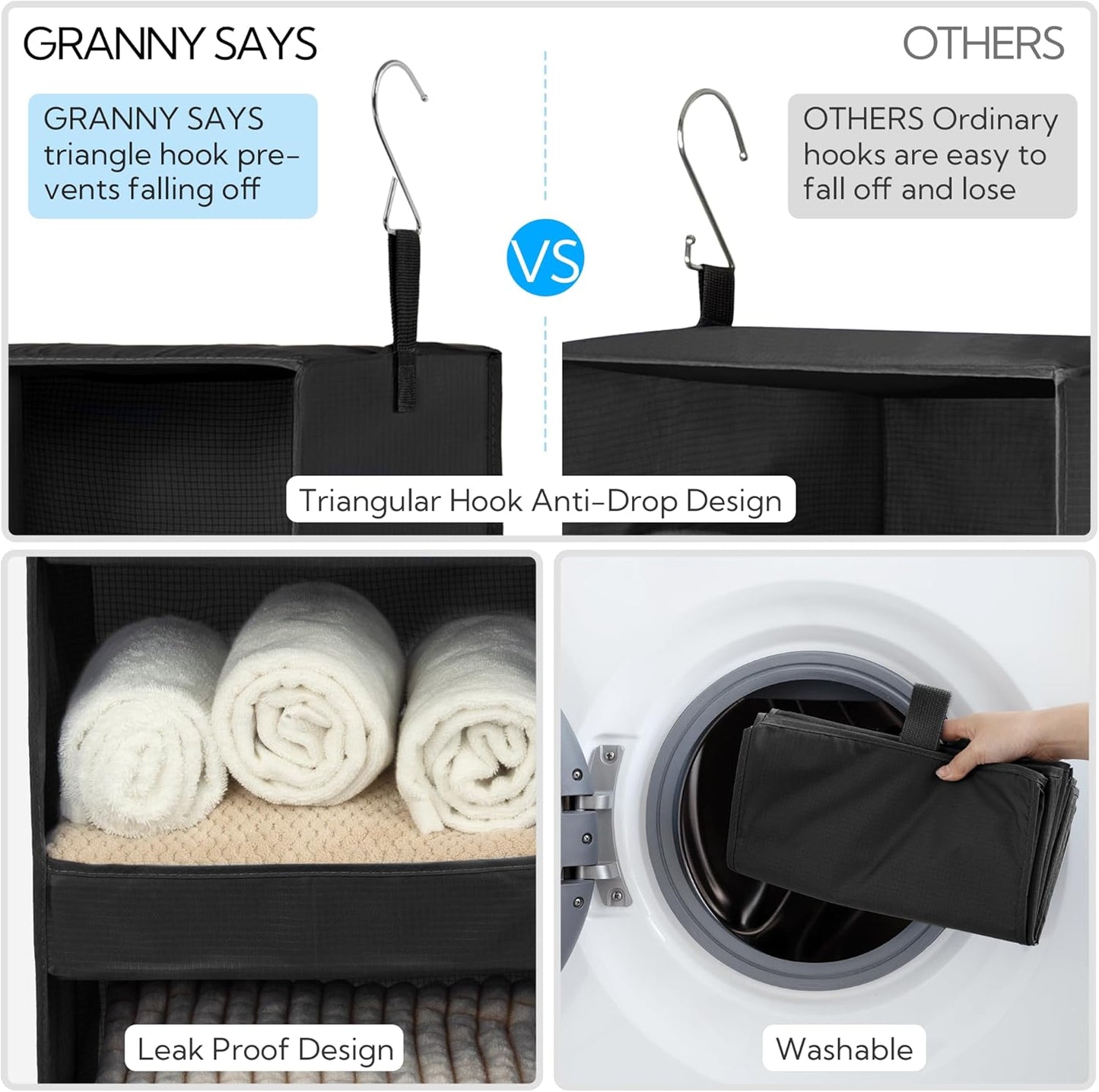 Set of 2 Portable Black 3-Shelf Hanging Closet Organizers for Efficient Storage Solutions